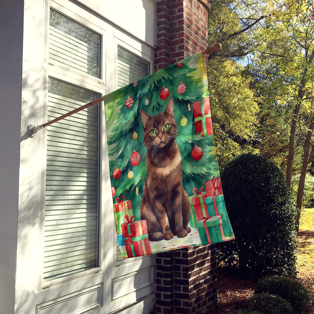 York Chocolate Cat By the Christmas Tree House Flag 28x40 Porch Sleeve Pole Decorative Outside Yard Banner Artwork Wall Hanging, Polyester