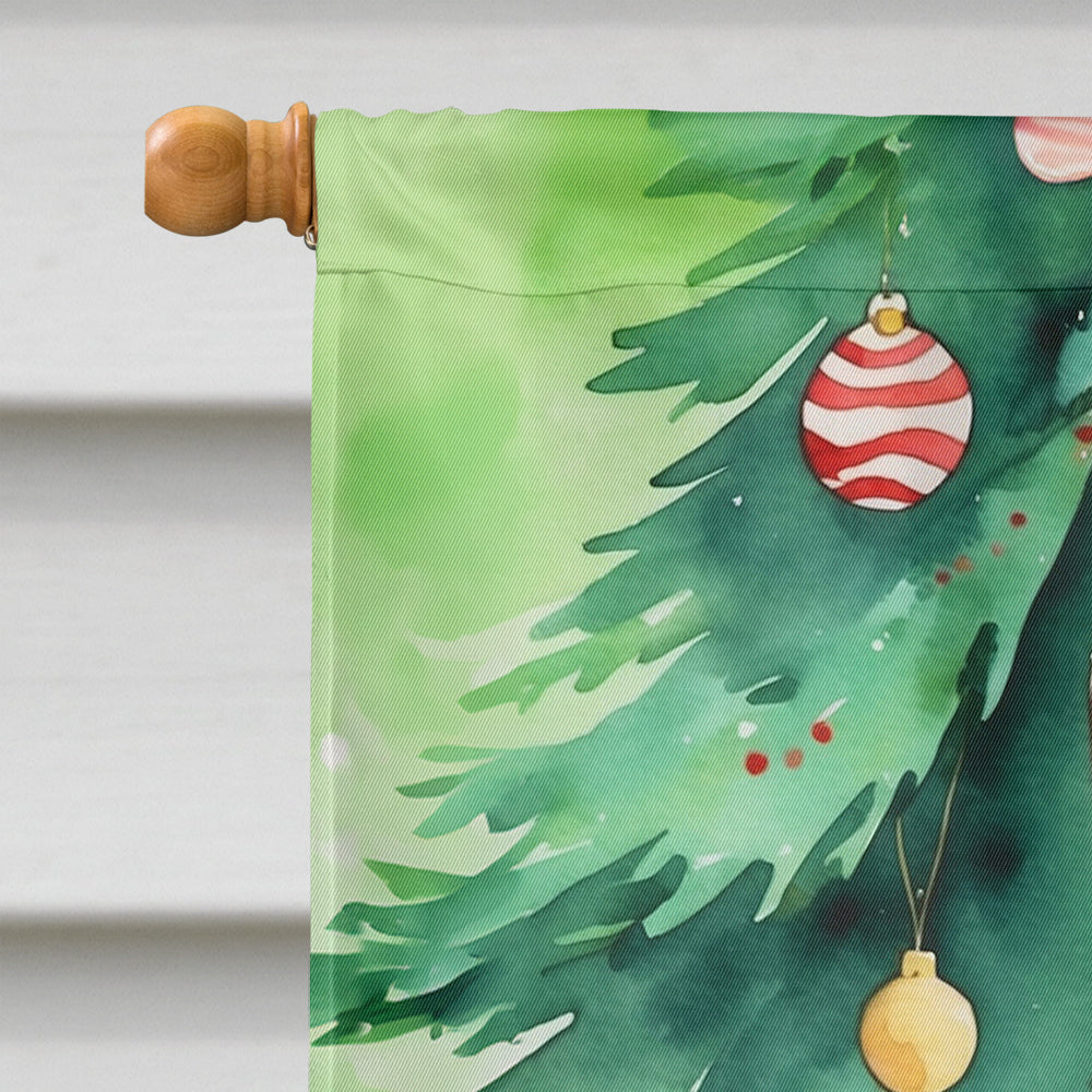 York Chocolate Cat By the Christmas Tree House Flag 28x40 Porch Sleeve Pole Decorative Outside Yard Banner Artwork Wall Hanging, Polyester