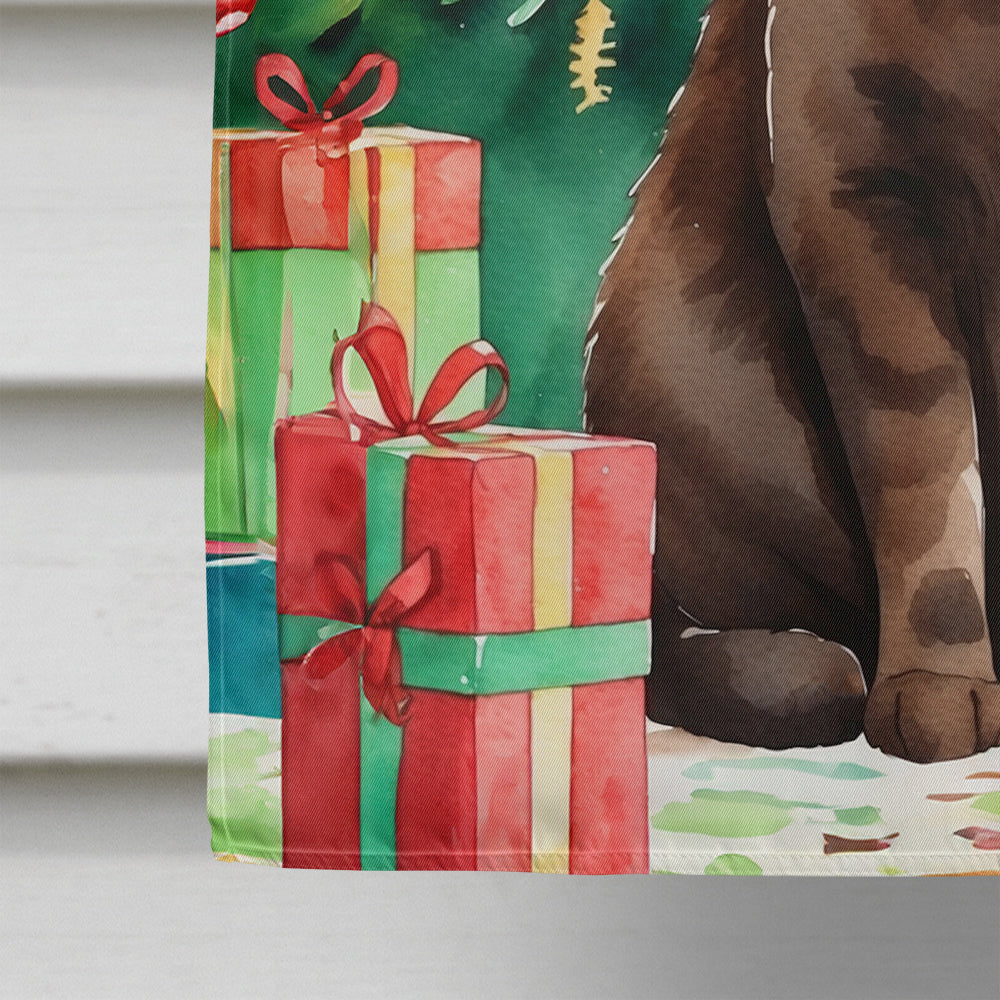 York Chocolate Cat By the Christmas Tree House Flag 28x40 Porch Sleeve Pole Decorative Outside Yard Banner Artwork Wall Hanging, Polyester