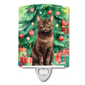 York Chocolate Cat By the Christmas Tree Ceramic Night Light Compact, UL-Certified, Ideal for Bedroom, Bathroom, Nursery, Hallway, Kitchen, 6x4x3, Multicolor