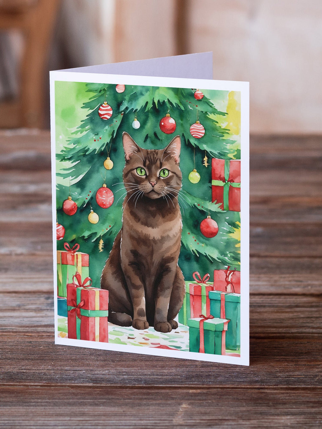 York Chocolate Cat By the Christmas Tree Greeting Cards Pack of 8 Blank Cards with Envelopes Whimsical A7 Size 5x7