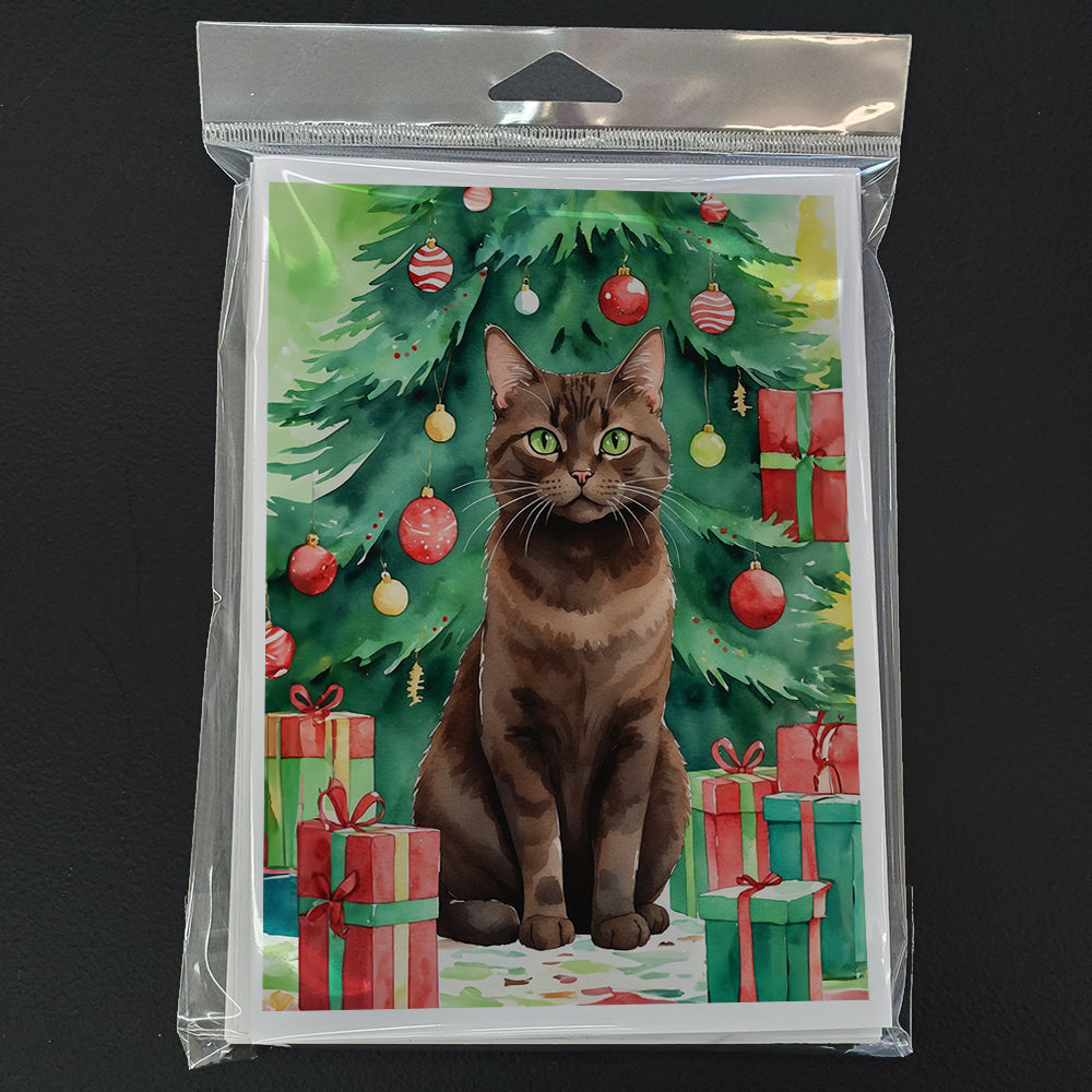 York Chocolate Cat By the Christmas Tree Greeting Cards Pack of 8 Blank Cards with Envelopes Whimsical A7 Size 5x7