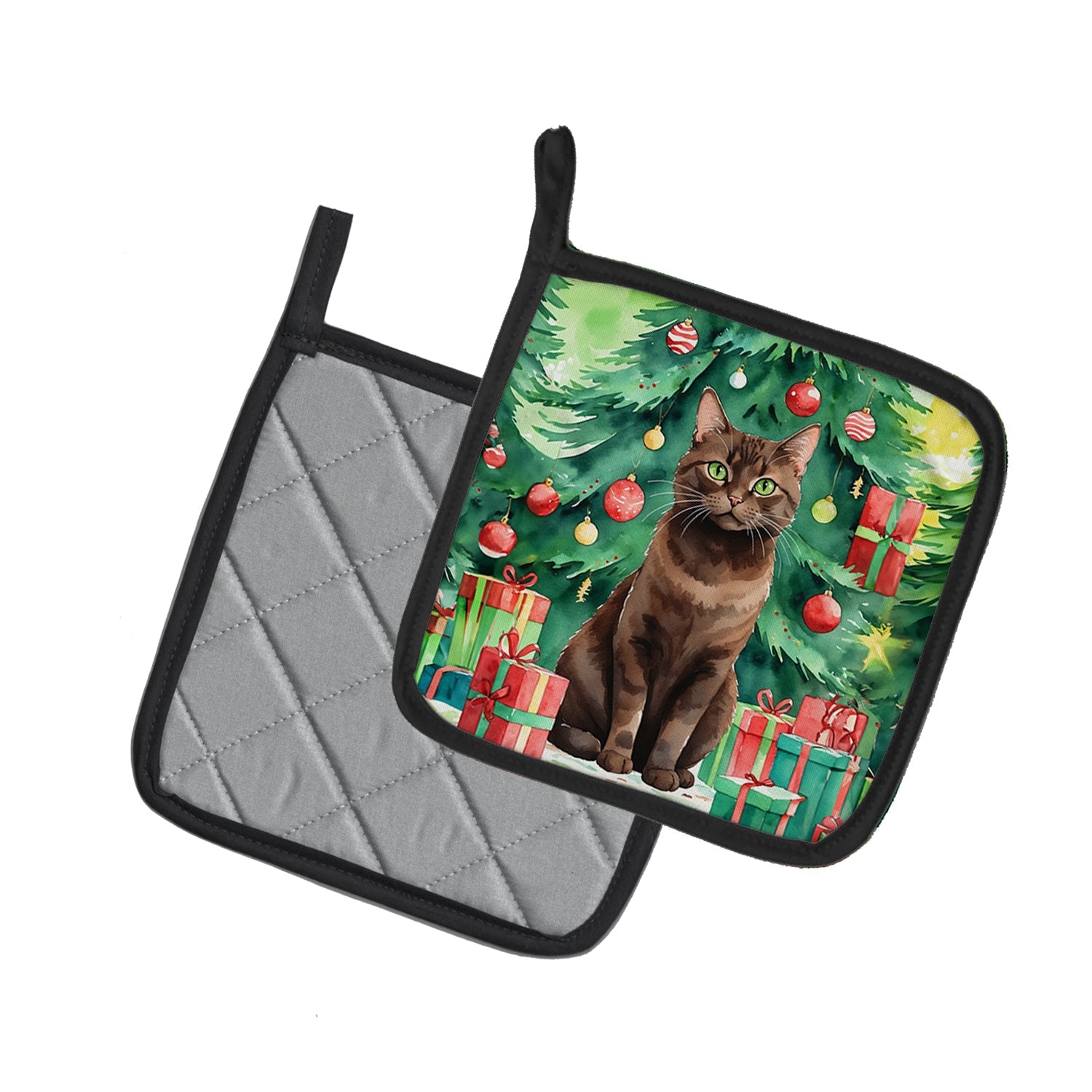 York Chocolate Cat By the Christmas Tree Pot Holder Set of 2 Heat Resistant Quilted Hot Pads 7.5 x 7.5 Inch, Insulated Kitchen Trivets for Cooking & Baking