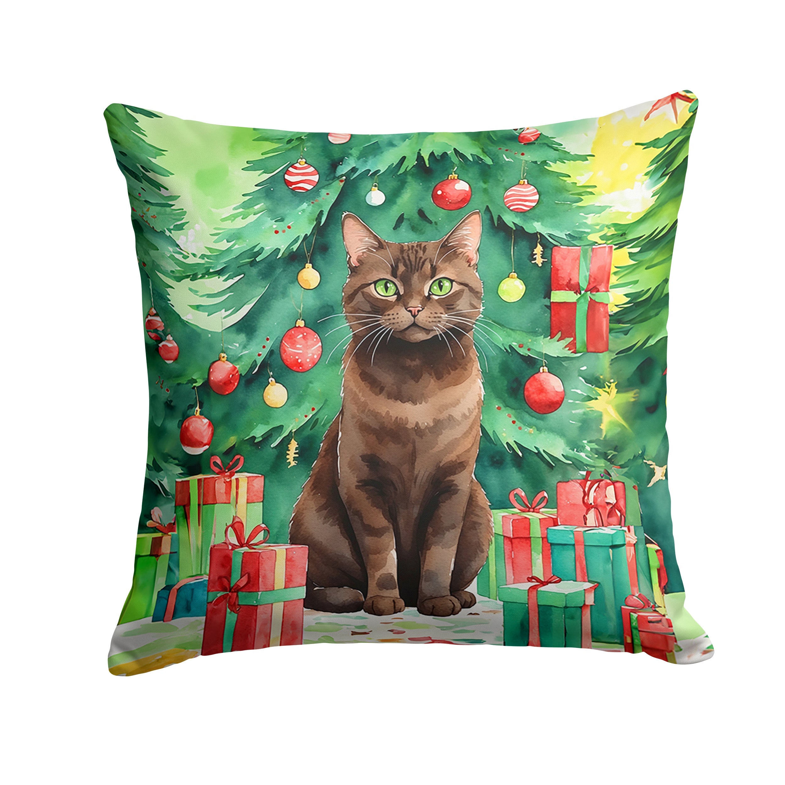 York Chocolate Cat By the Christmas Tree Decorative Throw Pillow 18x18 Indoor Outdoor Accent Cushion, Fabric Cover with Insert for Sofa, Bed, Porch & Living Room