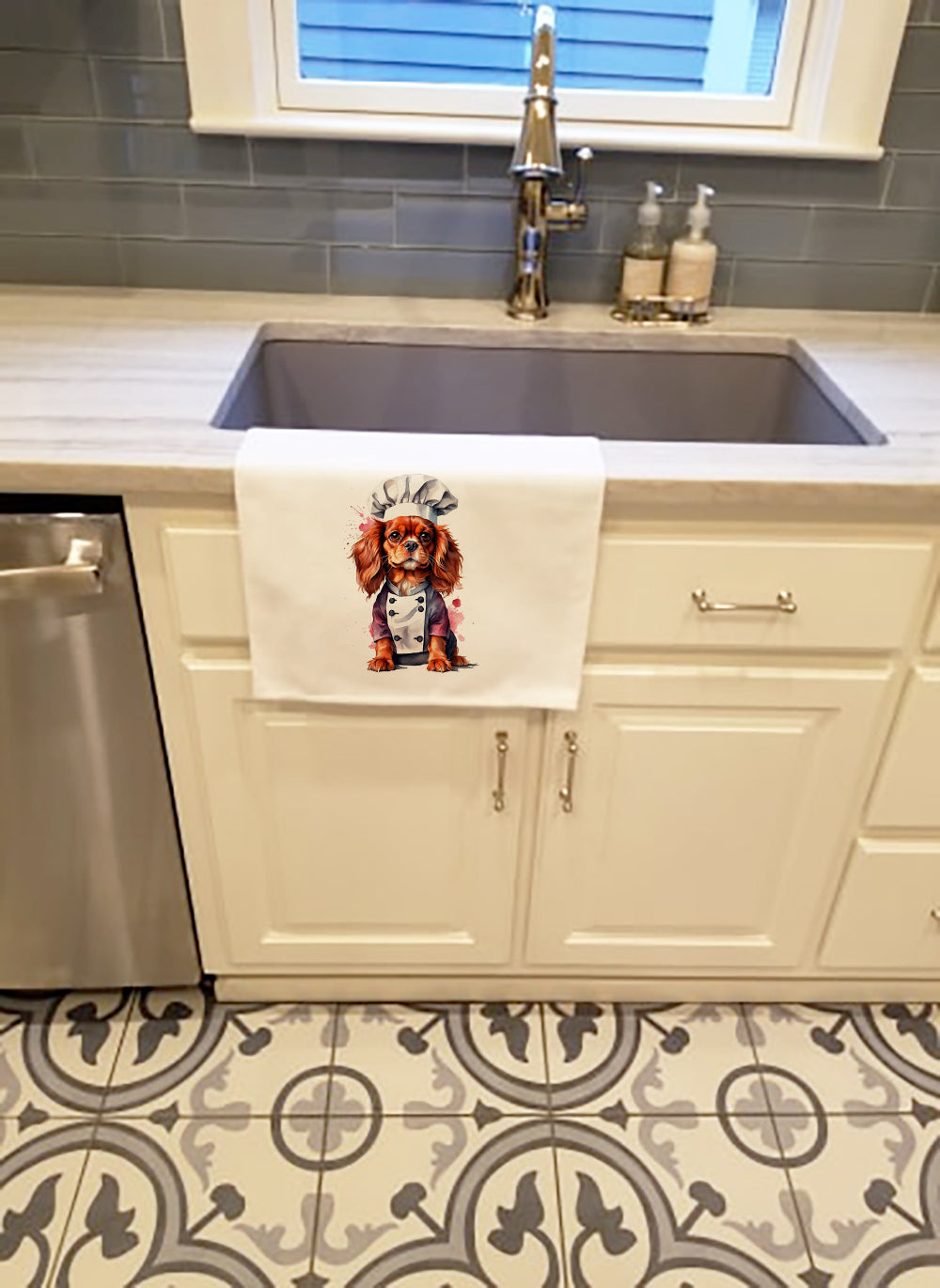 Cavalier Spaniel Chef Kitchen Towel Set of 2 White Dish Towels Decorative Bathroom Hand towel for Hand, Face, Hair, Yoga, Tea, Dishcloth, 19 X 28", White