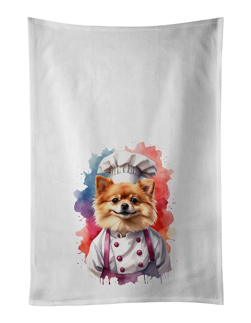 Pomeranian Chef Kitchen Towel Set of 2 White Dish Towels Decorative Bathroom Hand towel for Hand, Face, Hair, Yoga, Tea, Dishcloth, 19 X 28", White