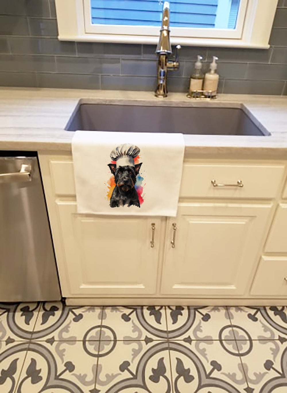 Scottish Terrier Chef Kitchen Towel Set of 2 White Dish Towels Decorative Bathroom Hand towel for Hand, Face, Hair, Yoga, Tea, Dishcloth, 19 X 28", White