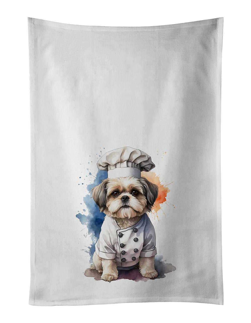 Shih Tzu Chef Kitchen Towel Set of 2 White Dish Towels Decorative Bathroom Hand towel for Hand, Face, Hair, Yoga, Tea, Dishcloth, 19 X 28", White