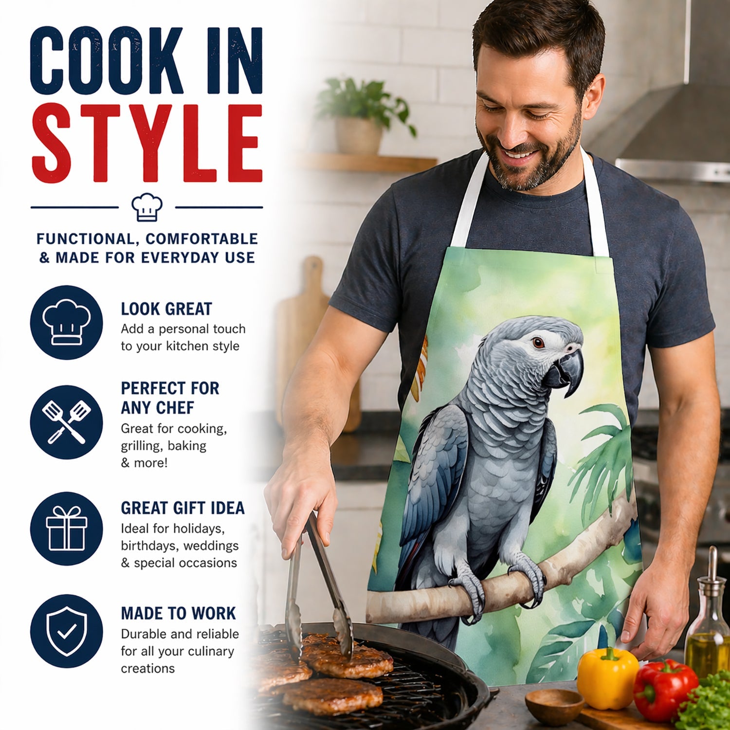 African Grey Parrot Apron Cooking Kitchen Server Baking Crafts Gardening for Adult Women Men, Unisex, Large, Multicolor
