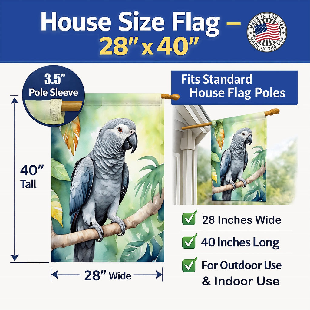 African Grey Parrot House Flag 28x40 Porch Sleeve Pole Decorative Outside Yard Banner Artwork Wall Hanging, Polyester