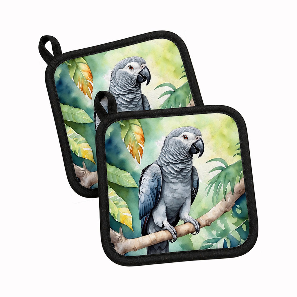 African Grey Parrot Pot Holder Set of 2 Heat Resistant Quilted Hot Pads 7.5 x 7.5 Inch, Insulated Kitchen Trivets for Cooking & Baking