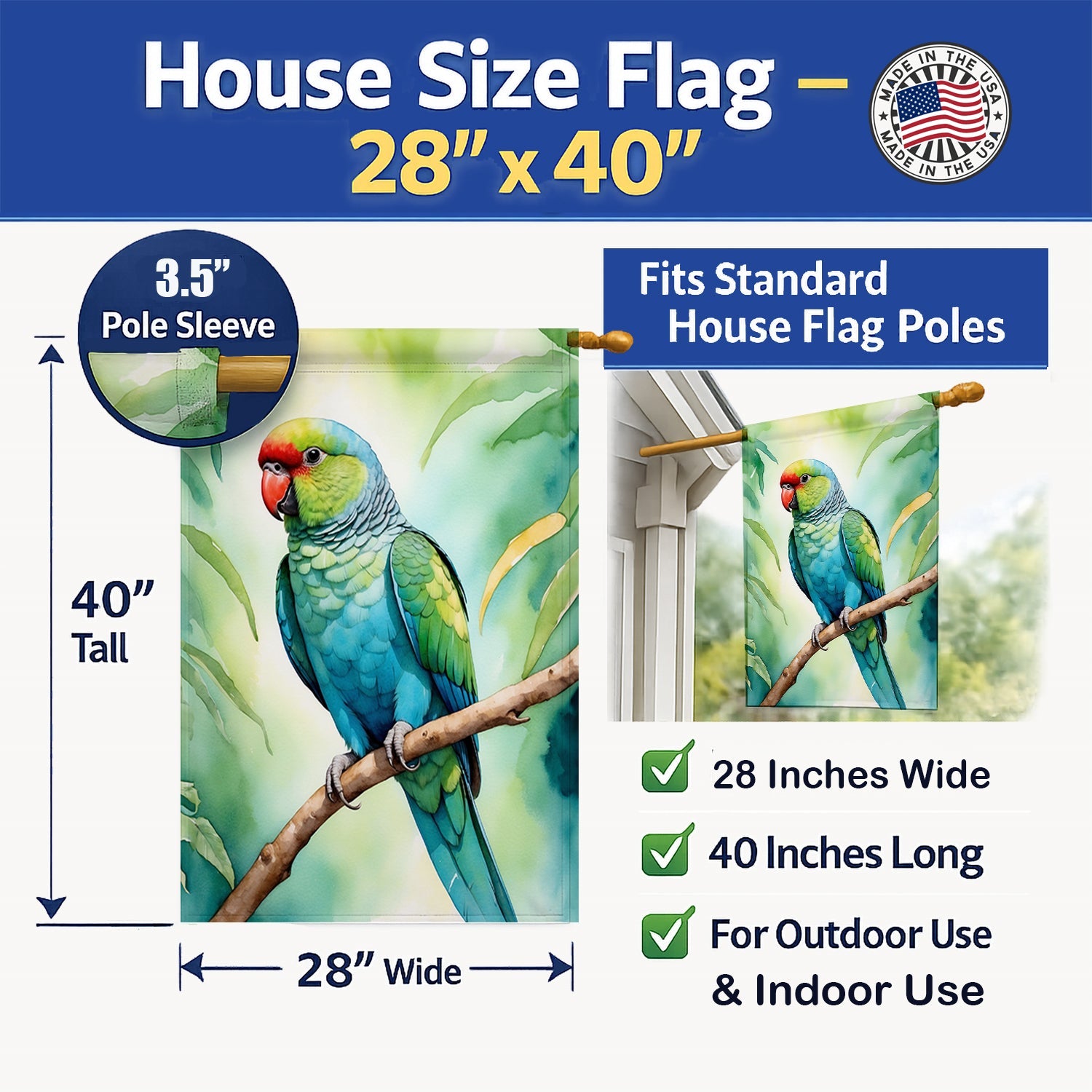 African Ringneck Parrot House Flag 28x40 Porch Sleeve Pole Decorative Outside Yard Banner Artwork Wall Hanging, Polyester