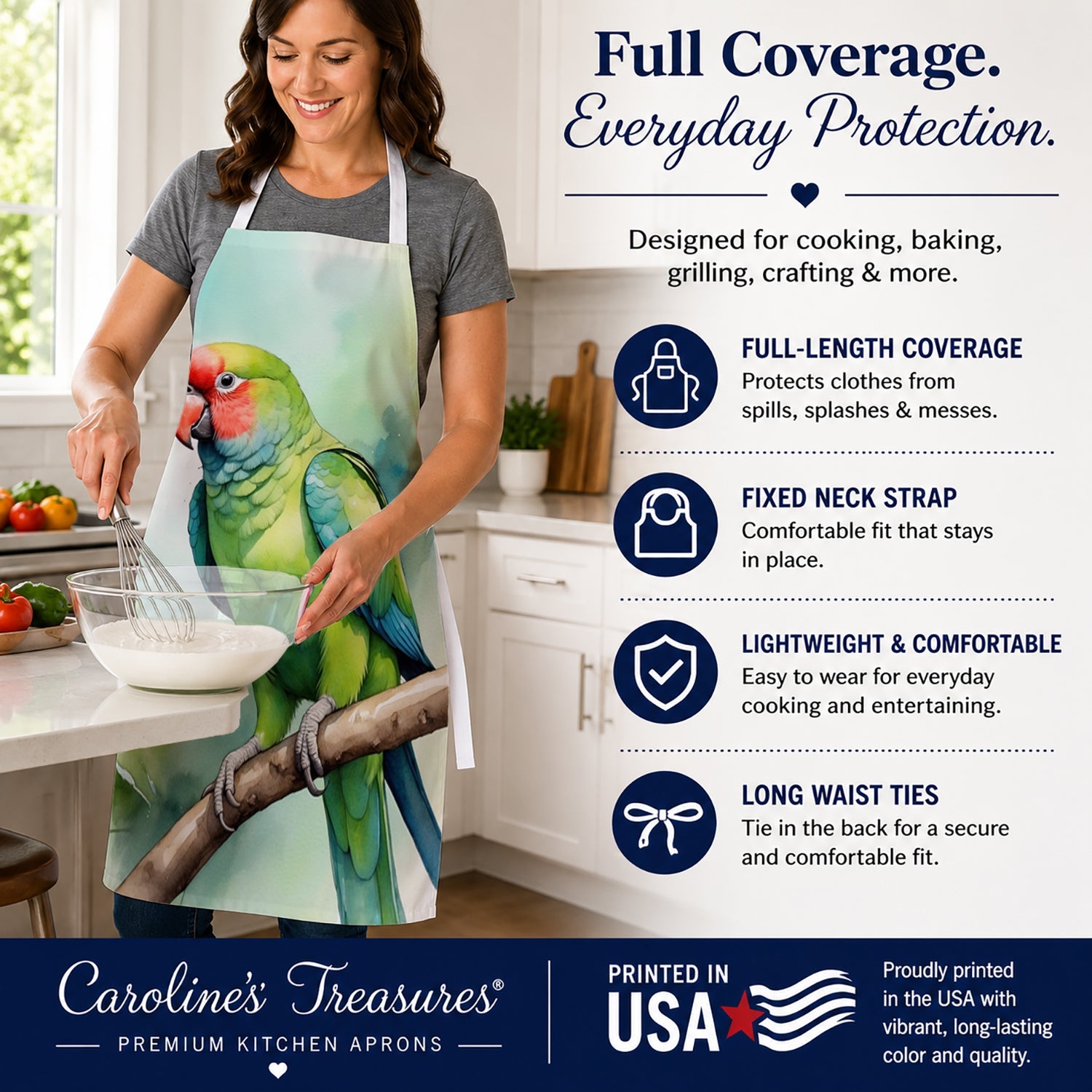 African Ringneck Parrot Apron Cooking Kitchen Server Baking Crafts Gardening for Adult Women Men, Unisex, Large, Multicolor