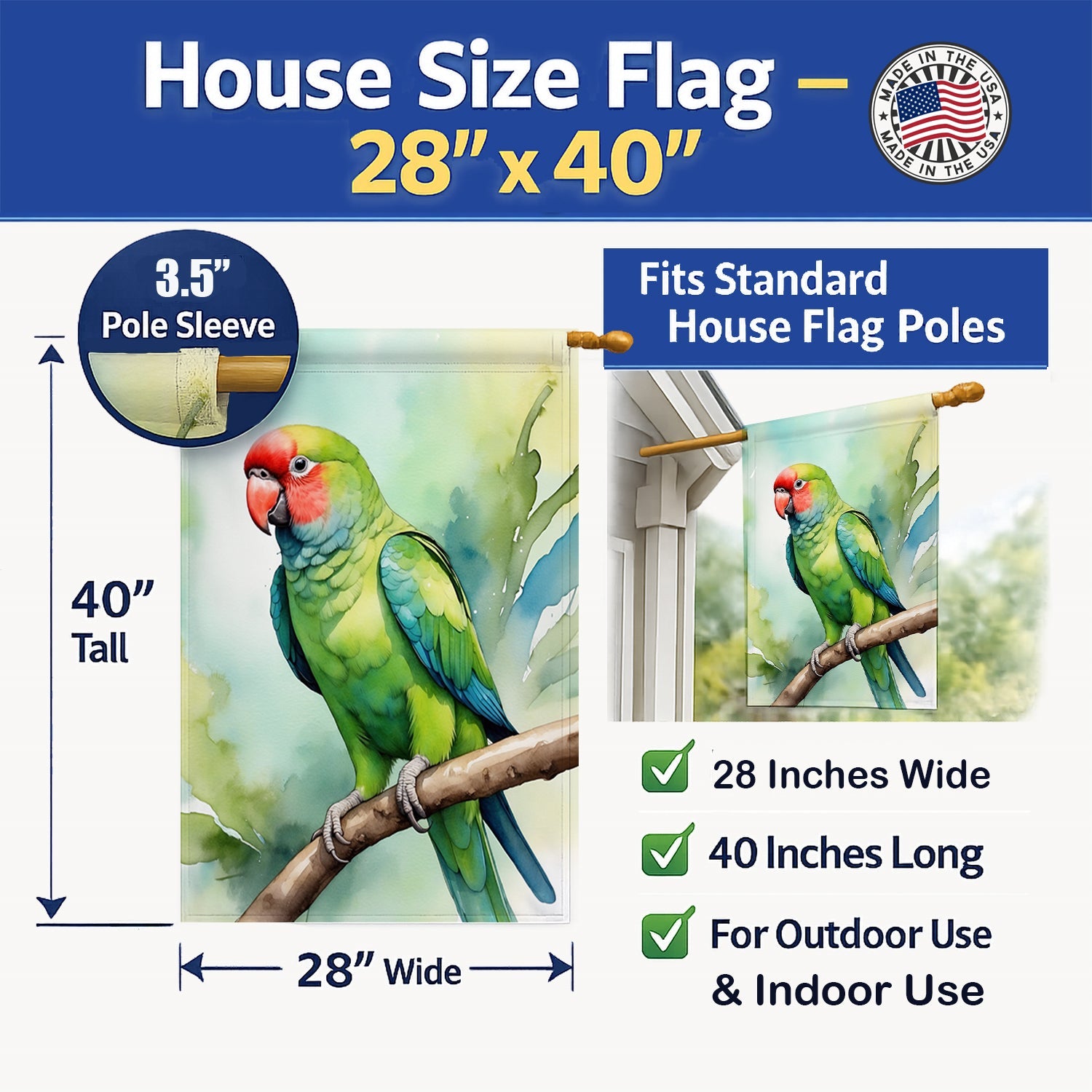 African Ringneck Parrot House Flag 28x40 Porch Sleeve Pole Decorative Outside Yard Banner Artwork Wall Hanging, Polyester