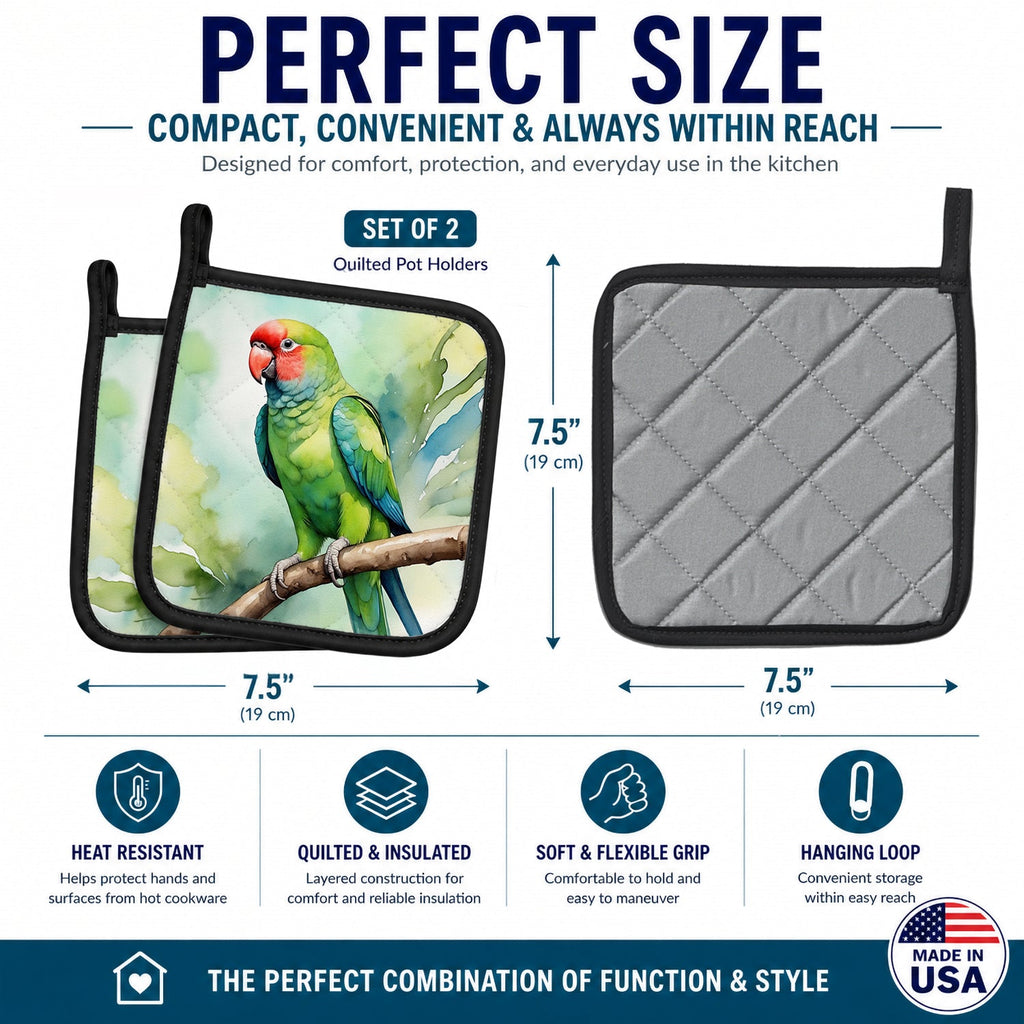 African Ringneck Parrot Pot Holder Set of 2 Heat Resistant Quilted Hot Pads 7.5 x 7.5 Inch, Insulated Kitchen Trivets for Cooking & Baking