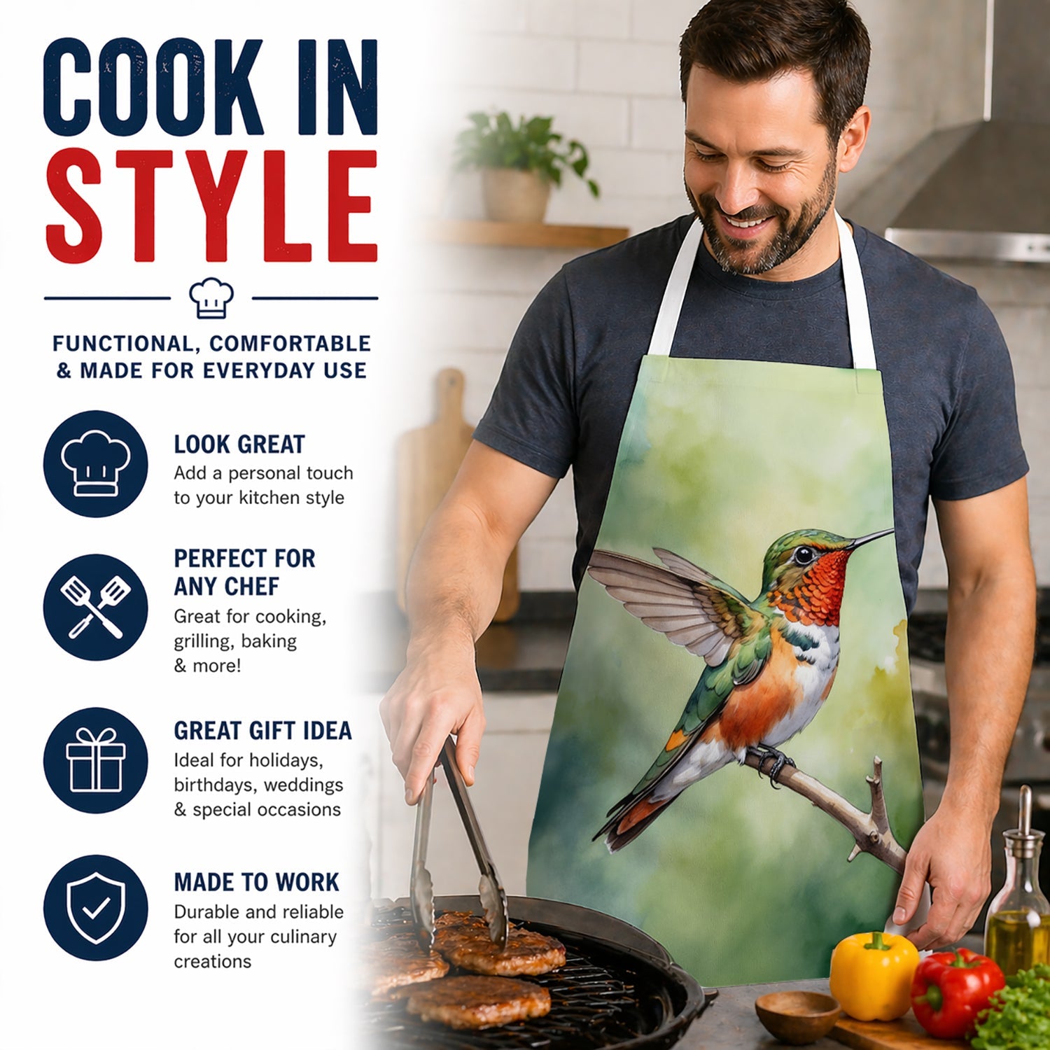 Allens Hummingbird Apron Cooking Kitchen Server Baking Crafts Gardening for Adult Women Men, Unisex, Large, Multicolor