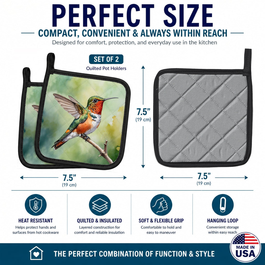 Allens Hummingbird Pot Holder Set of 2 Heat Resistant Quilted Hot Pads 7.5 x 7.5 Inch, Insulated Kitchen Trivets for Cooking & Baking