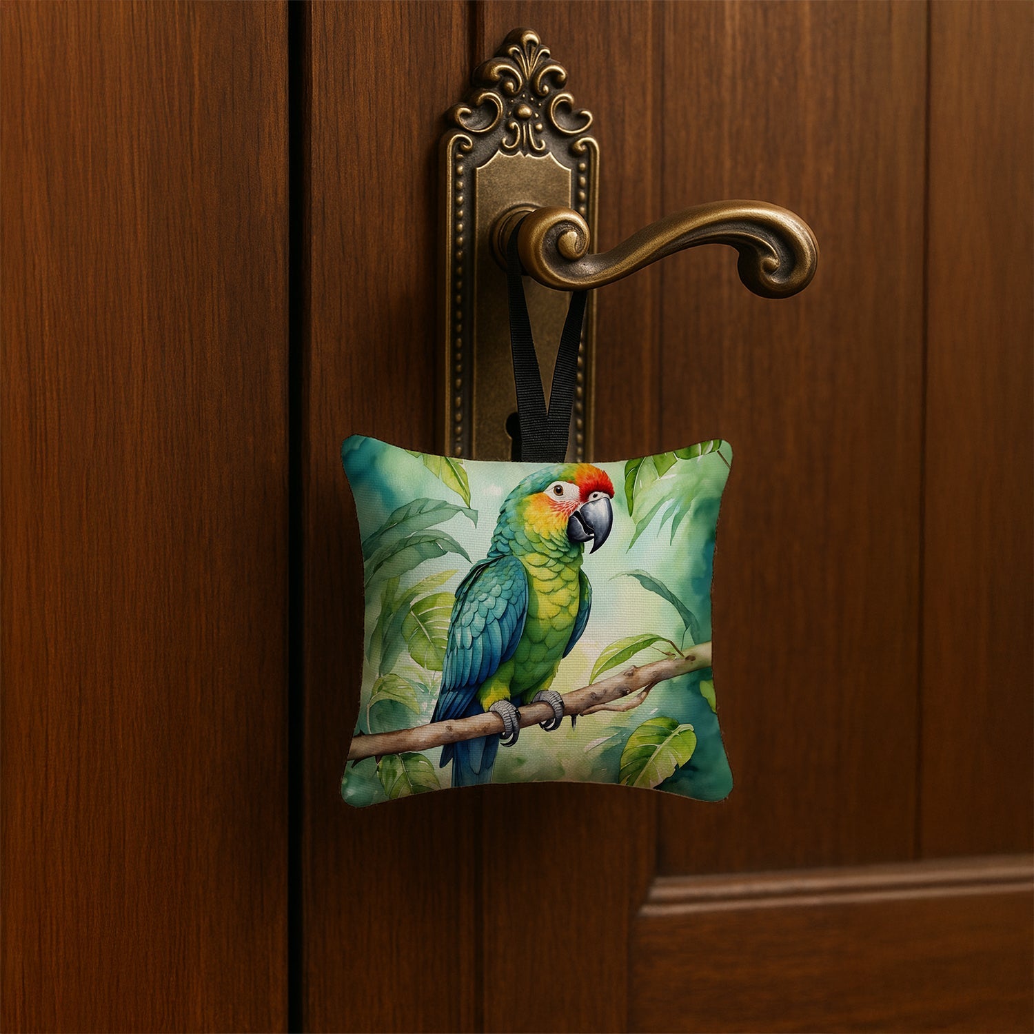 Amazon Parrot Hanging Square Fabric Ornament 3.5 × 3.5 Decorative Door-Knob & Tree Hanger, Soft Fabric