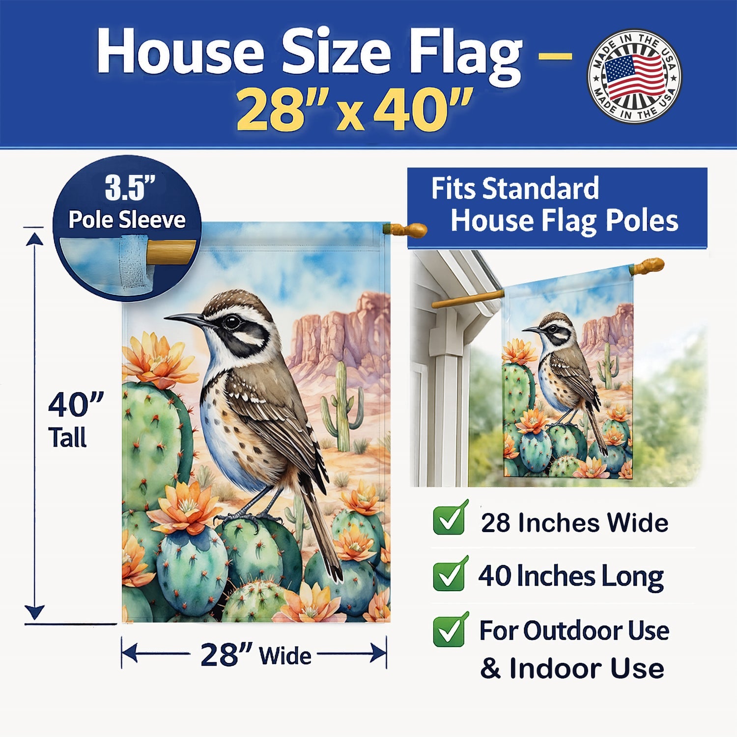 Arizona Cactus Wren House Flag 28x40 Porch Sleeve Pole Decorative Outside Yard Banner Artwork Wall Hanging, Polyester