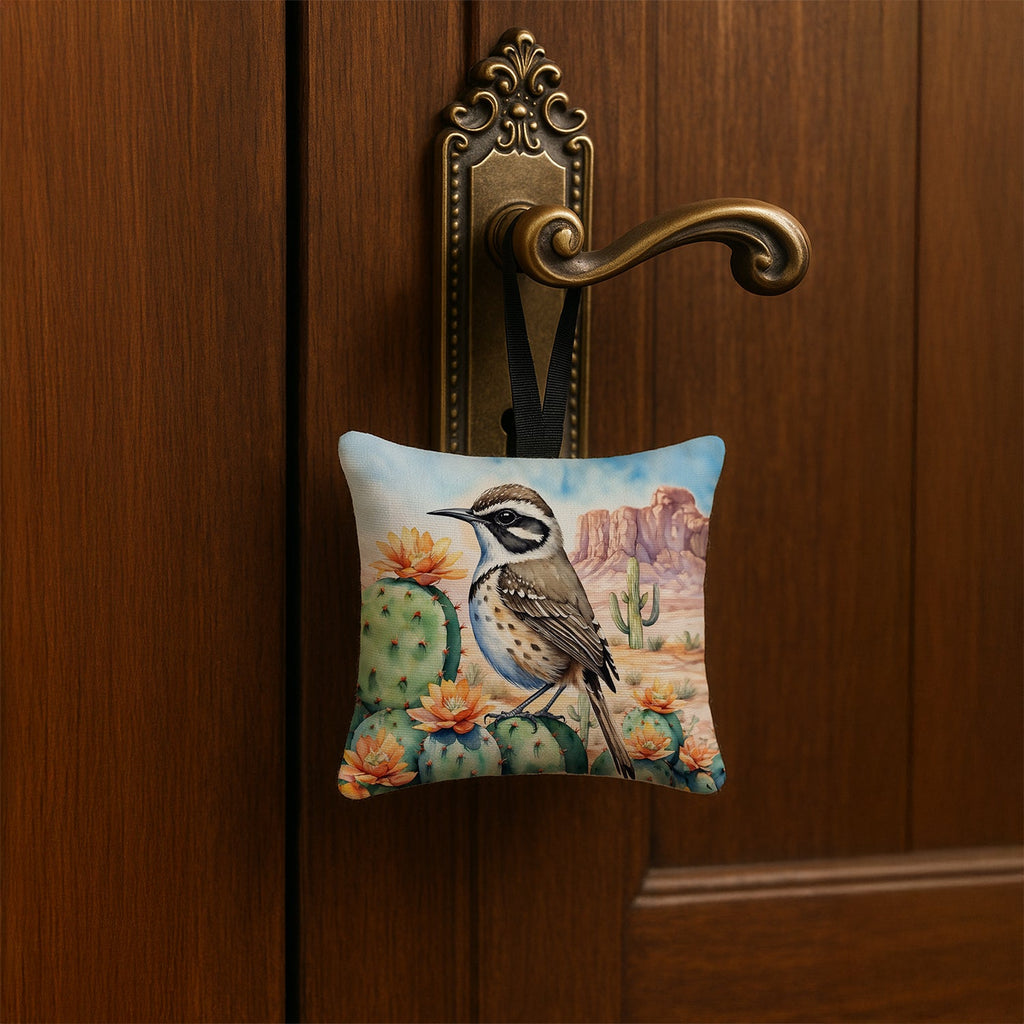 Arizona Cactus Wren Hanging Square Fabric Ornament 3.5 × 3.5 Decorative Door-Knob & Tree Hanger, Soft Fabric