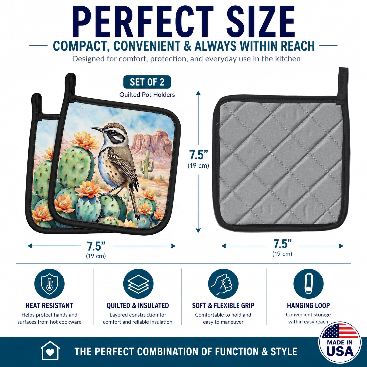 Arizona Cactus Wren Pot Holder Set of 2 Heat Resistant Quilted Hot Pads 7.5 x 7.5 Inch, Insulated Kitchen Trivets for Cooking & Baking