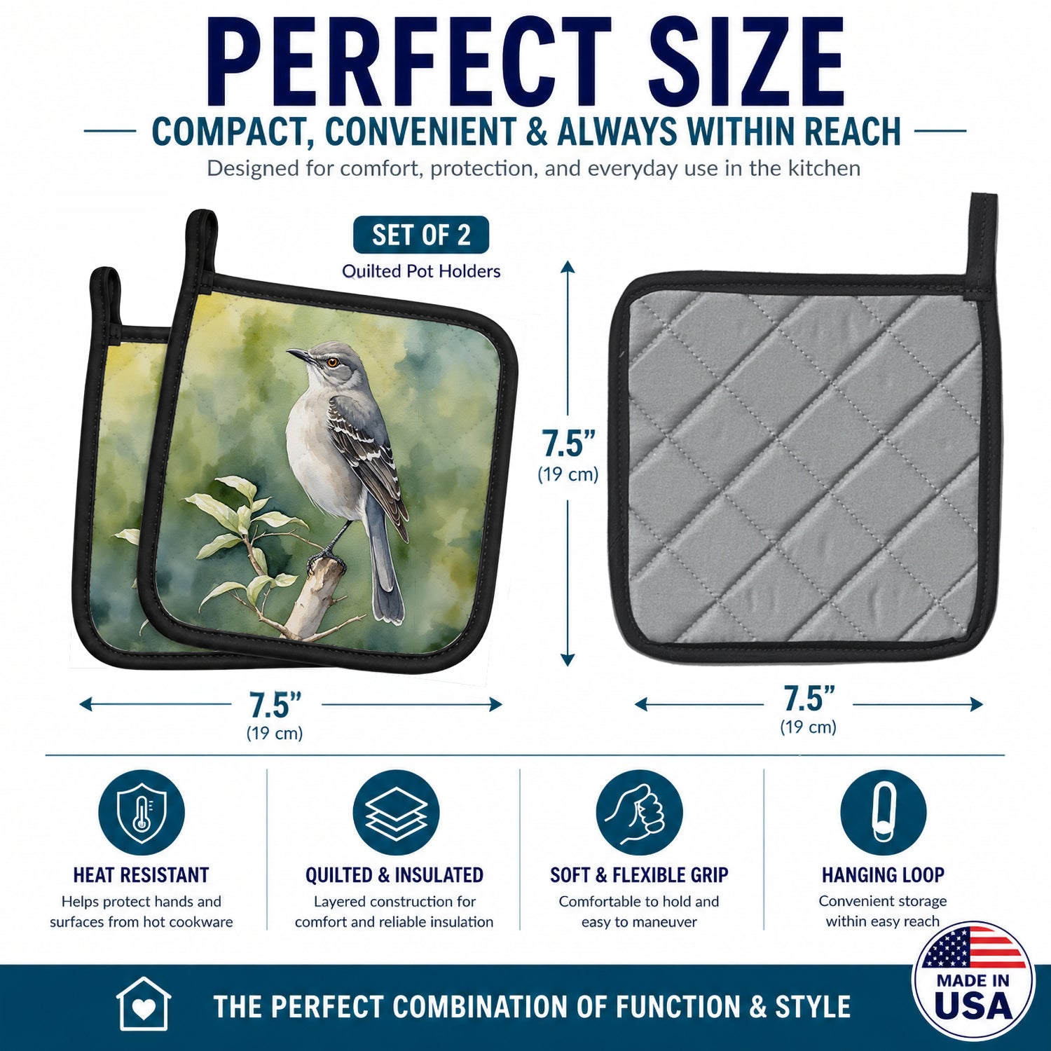 Arkansas Northern Mockingbird Pot Holder Set of 2 Heat Resistant Quilted Hot Pads 7.5 x 7.5 Inch, Insulated Kitchen Trivets for Cooking & Baking