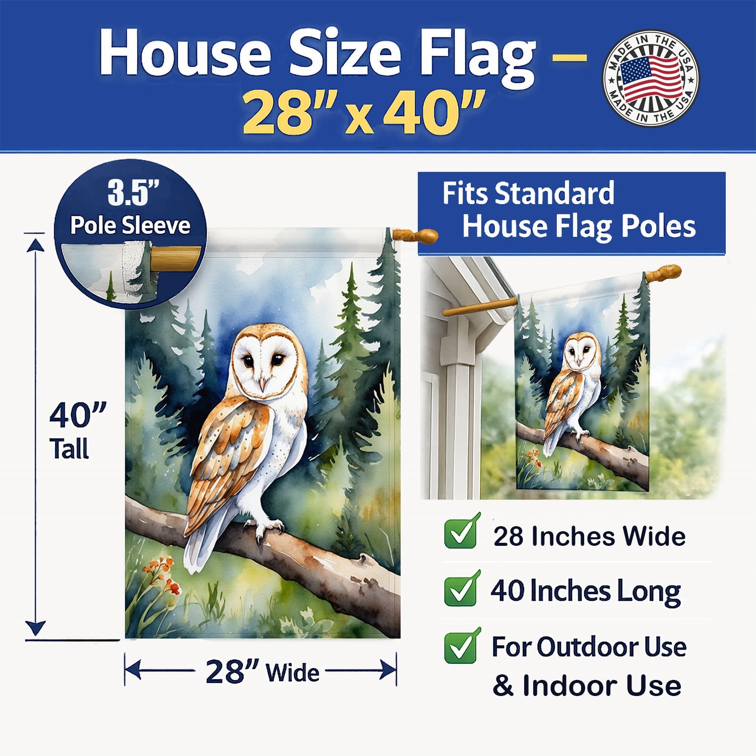 Barn Owl House Flag 28x40 Porch Sleeve Pole Decorative Outside Yard Banner Artwork Wall Hanging, Polyester