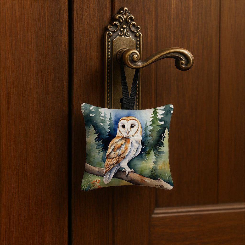 Barn Owl Hanging Square Fabric Ornament 3.5 × 3.5 Decorative Door-Knob & Tree Hanger, Soft Fabric