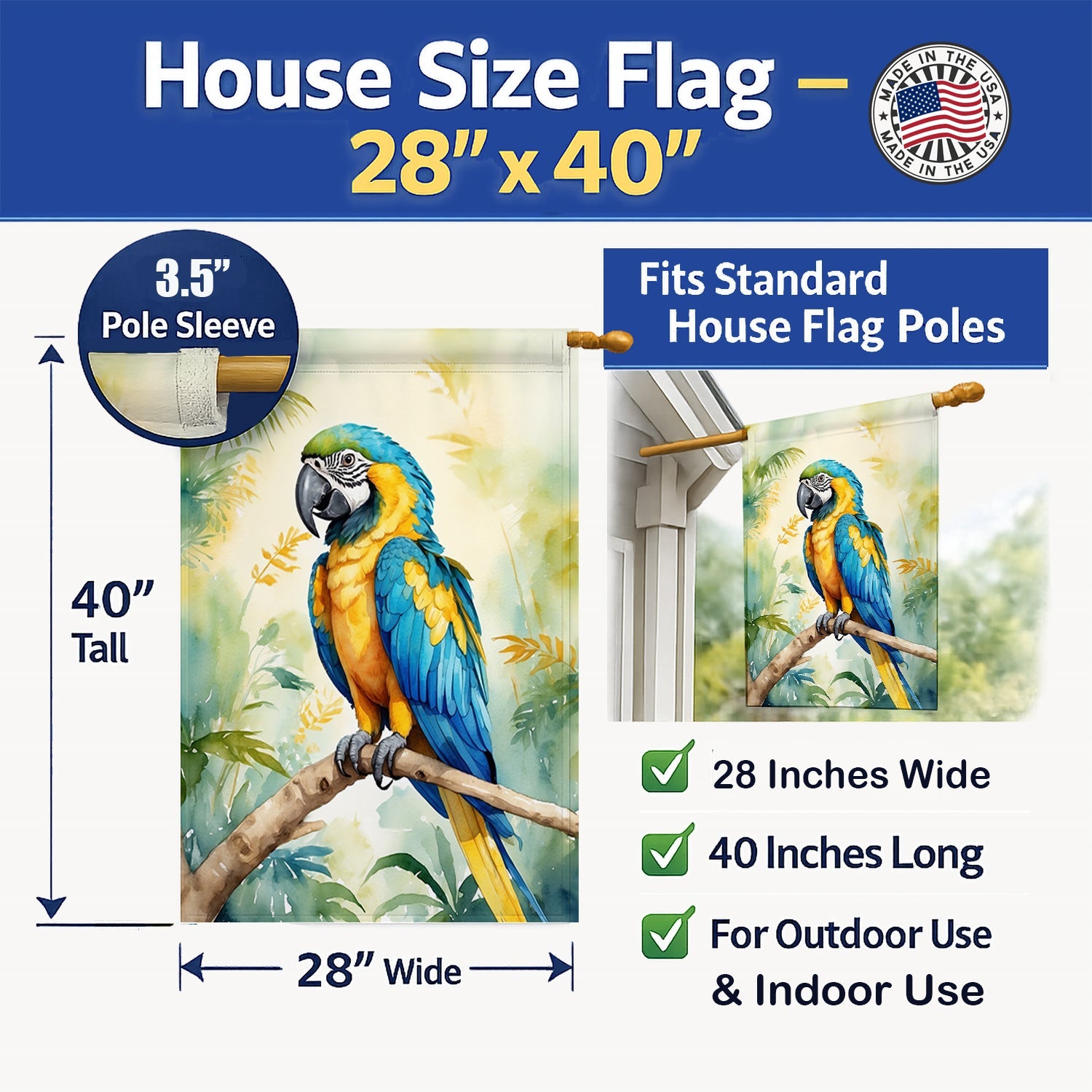 Blue and Gold Macaw House Flag 28x40 Porch Sleeve Pole Decorative Outside Yard Banner Artwork Wall Hanging, Polyester