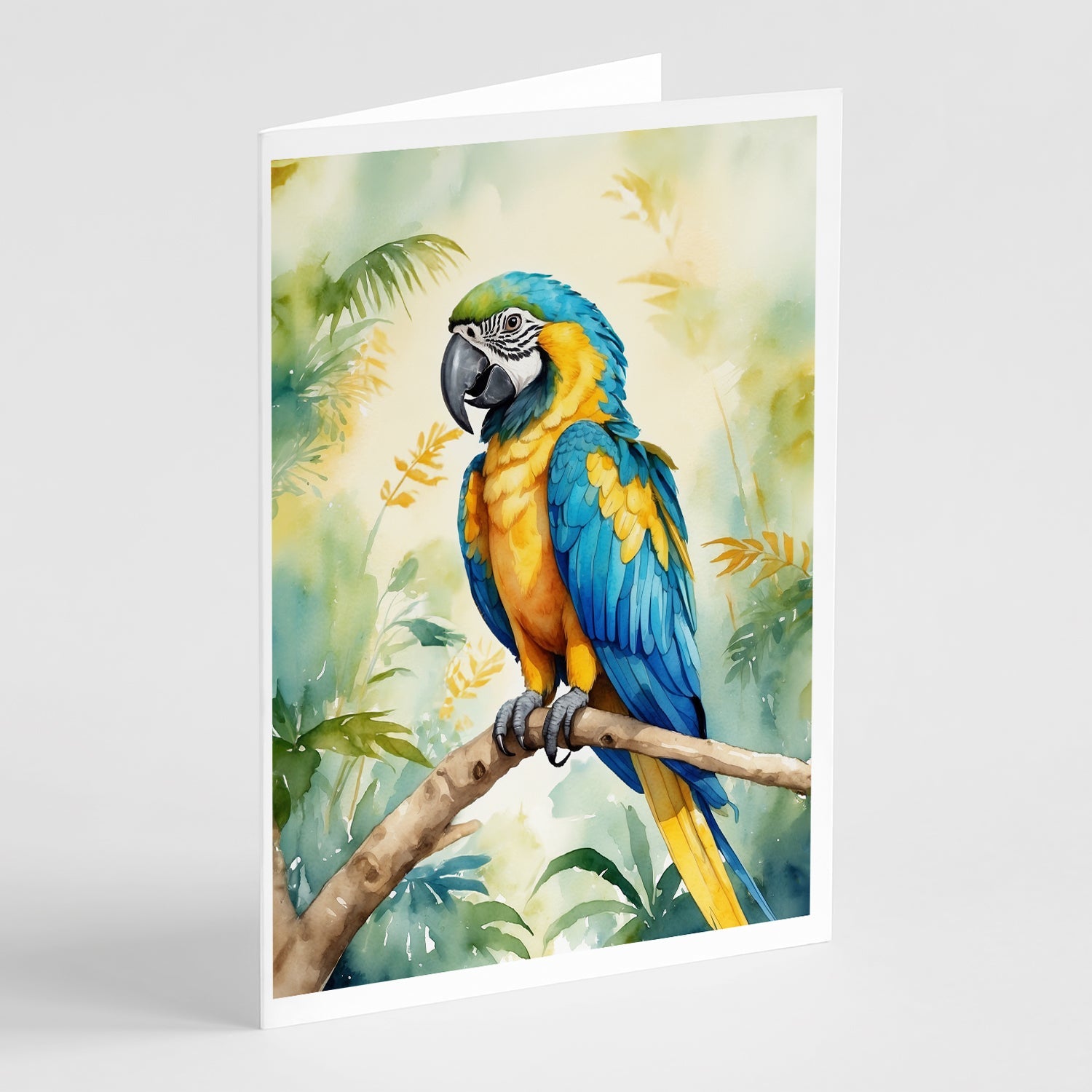 Blue and Gold Macaw Greeting Cards Pack of 8 Blank Cards with Envelopes Whimsical A7 Size 5x7