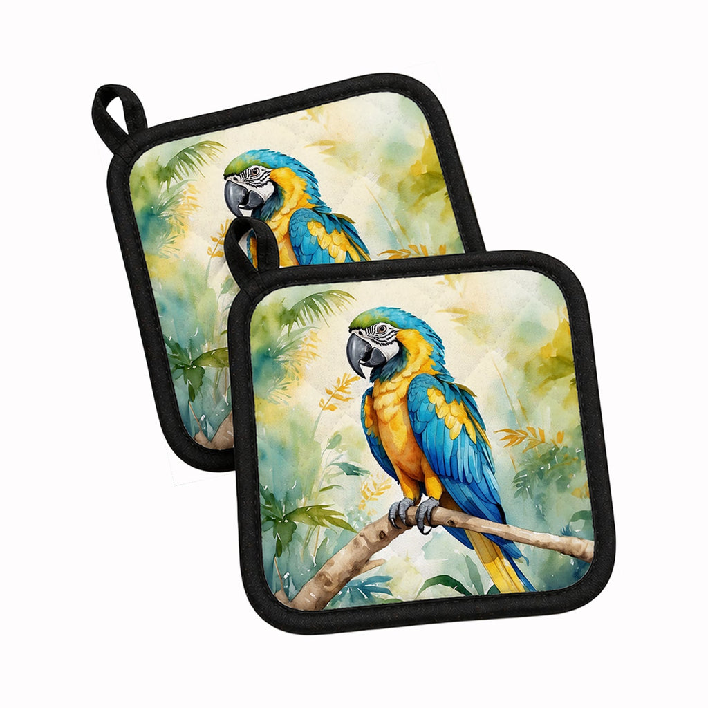 Blue and Gold Macaw Pot Holder Set of 2 Heat Resistant Quilted Hot Pads 7.5 x 7.5 Inch, Insulated Kitchen Trivets for Cooking & Baking