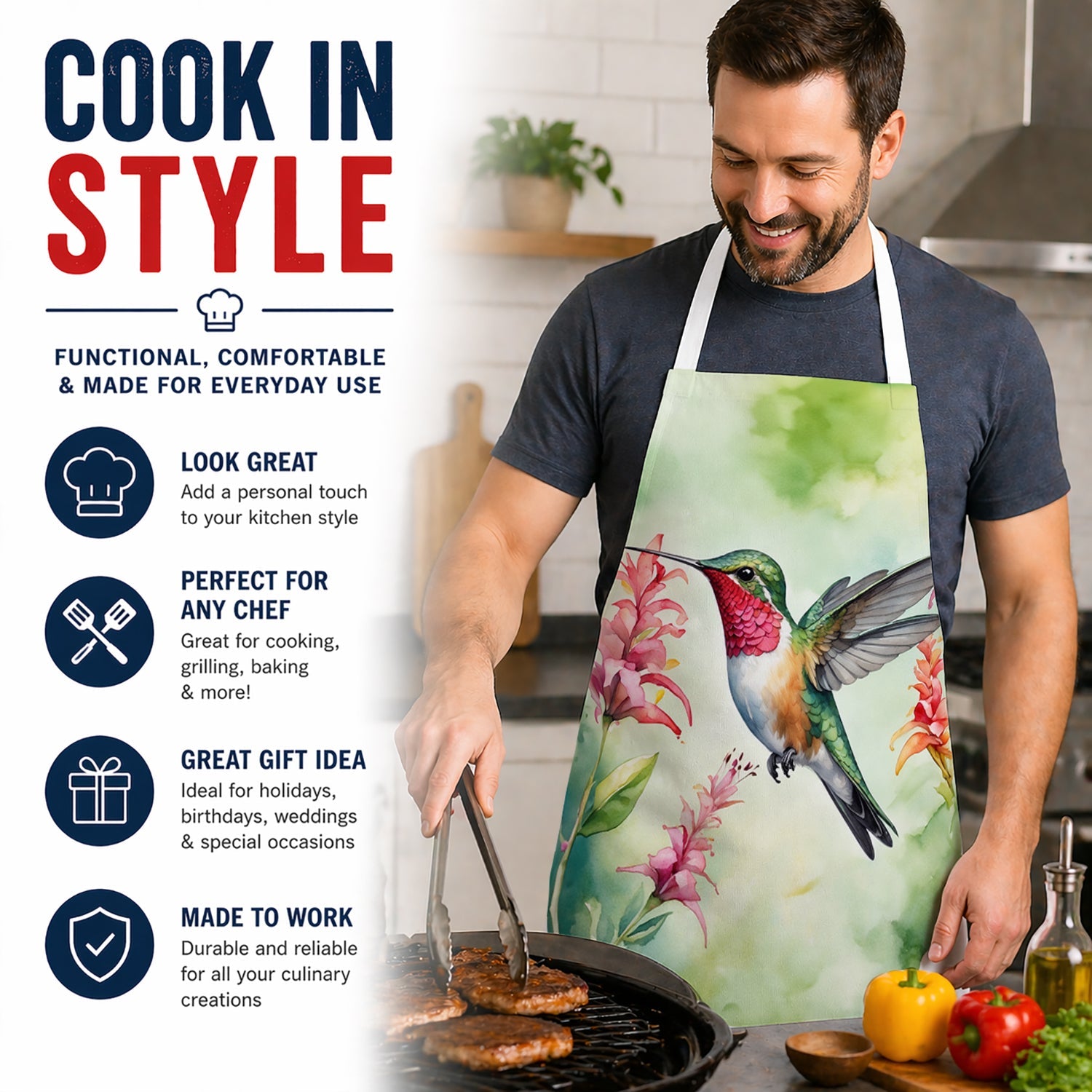 Broadtailed Hummingbird Apron Cooking Kitchen Server Baking Crafts Gardening for Adult Women Men, Unisex, Large, Multicolor