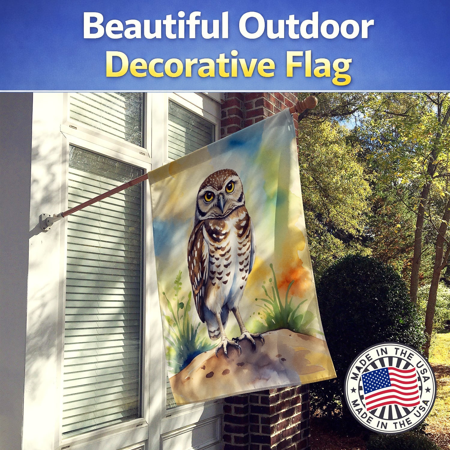 Burrowing Owl House Flag 28x40 Porch Sleeve Pole Decorative Outside Yard Banner Artwork Wall Hanging, Polyester