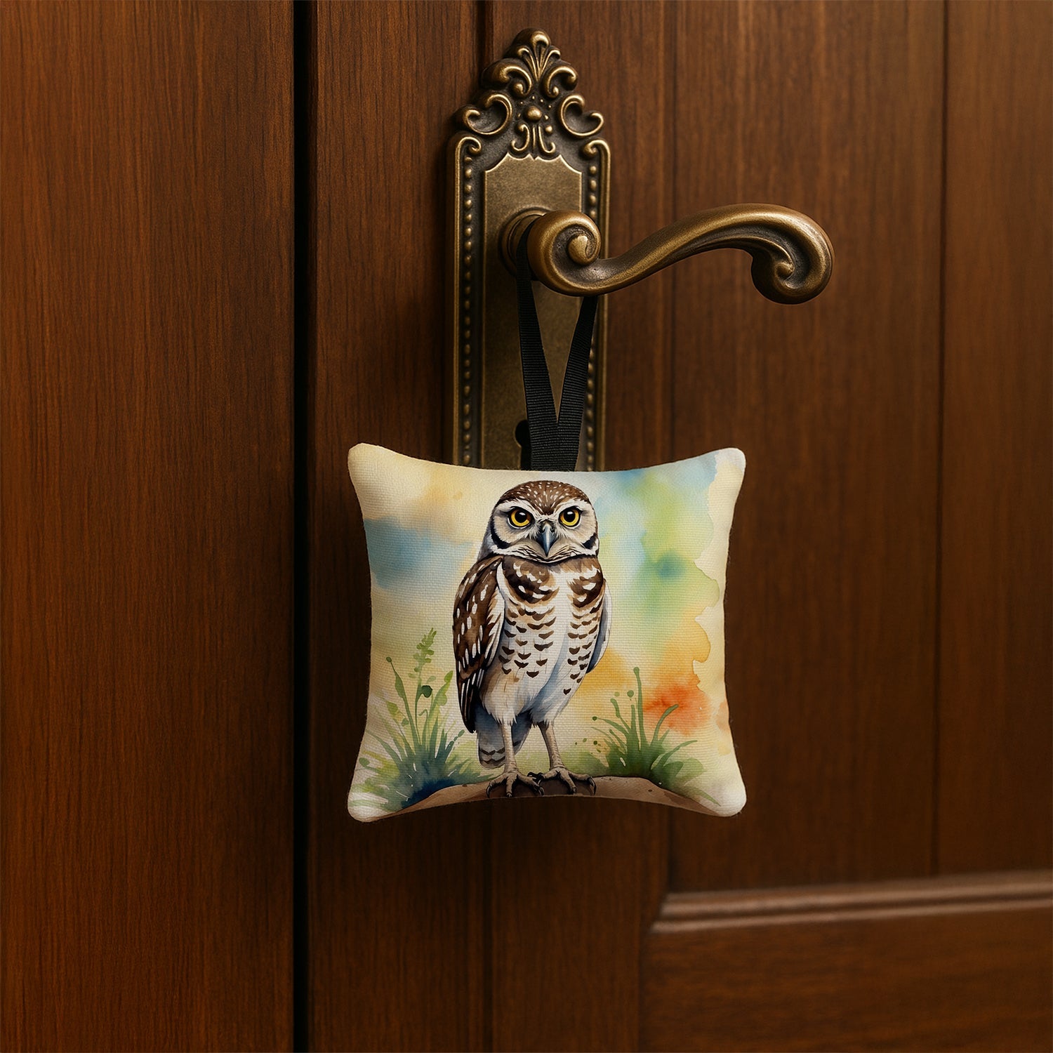 Burrowing Owl Hanging Square Fabric Ornament 3.5 × 3.5 Decorative Door-Knob & Tree Hanger, Soft Fabric