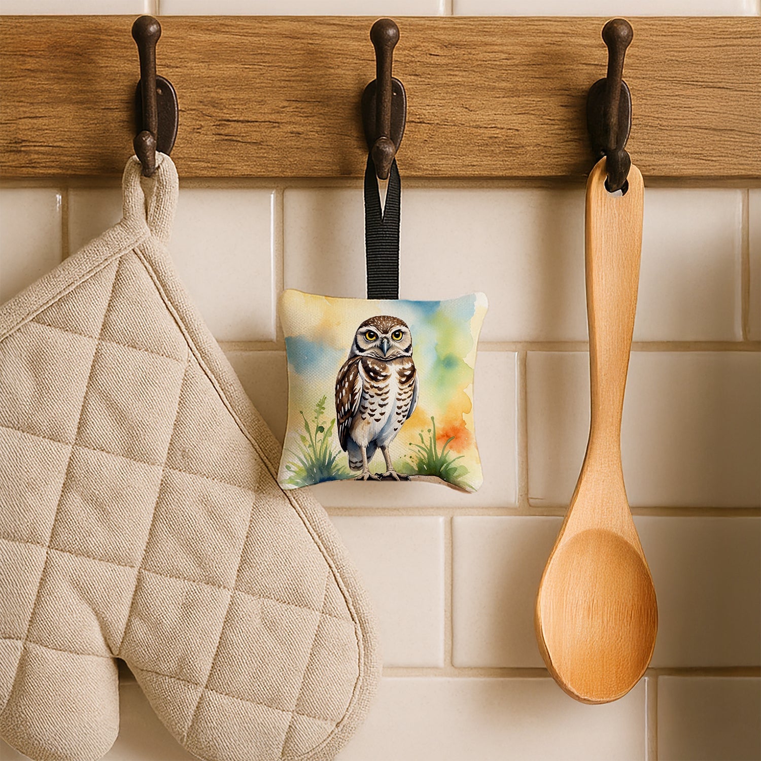 Burrowing Owl Hanging Square Fabric Ornament 3.5 × 3.5 Decorative Door-Knob & Tree Hanger, Soft Fabric