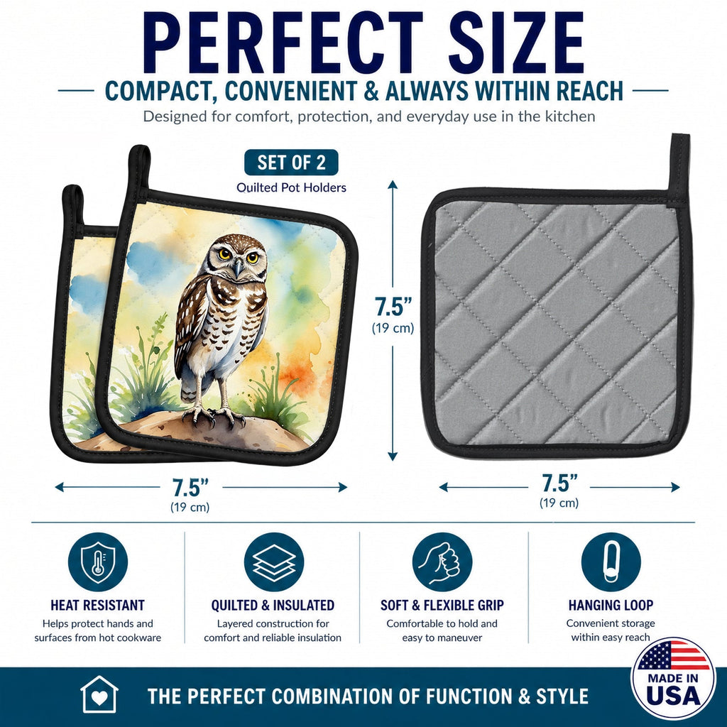 Burrowing Owl Pot Holder Set of 2 Heat Resistant Quilted Hot Pads 7.5 x 7.5 Inch, Insulated Kitchen Trivets for Cooking & Baking