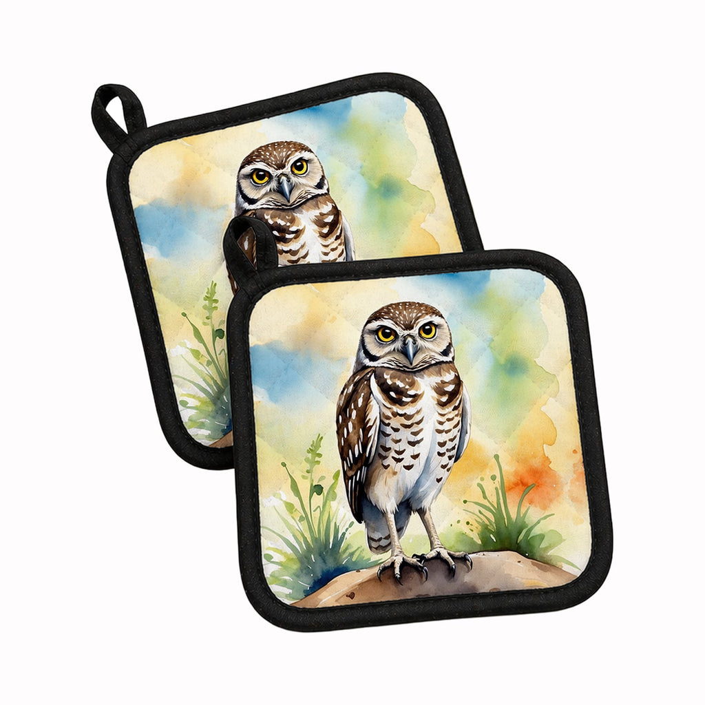 Burrowing Owl Pot Holder Set of 2 Heat Resistant Quilted Hot Pads 7.5 x 7.5 Inch, Insulated Kitchen Trivets for Cooking & Baking