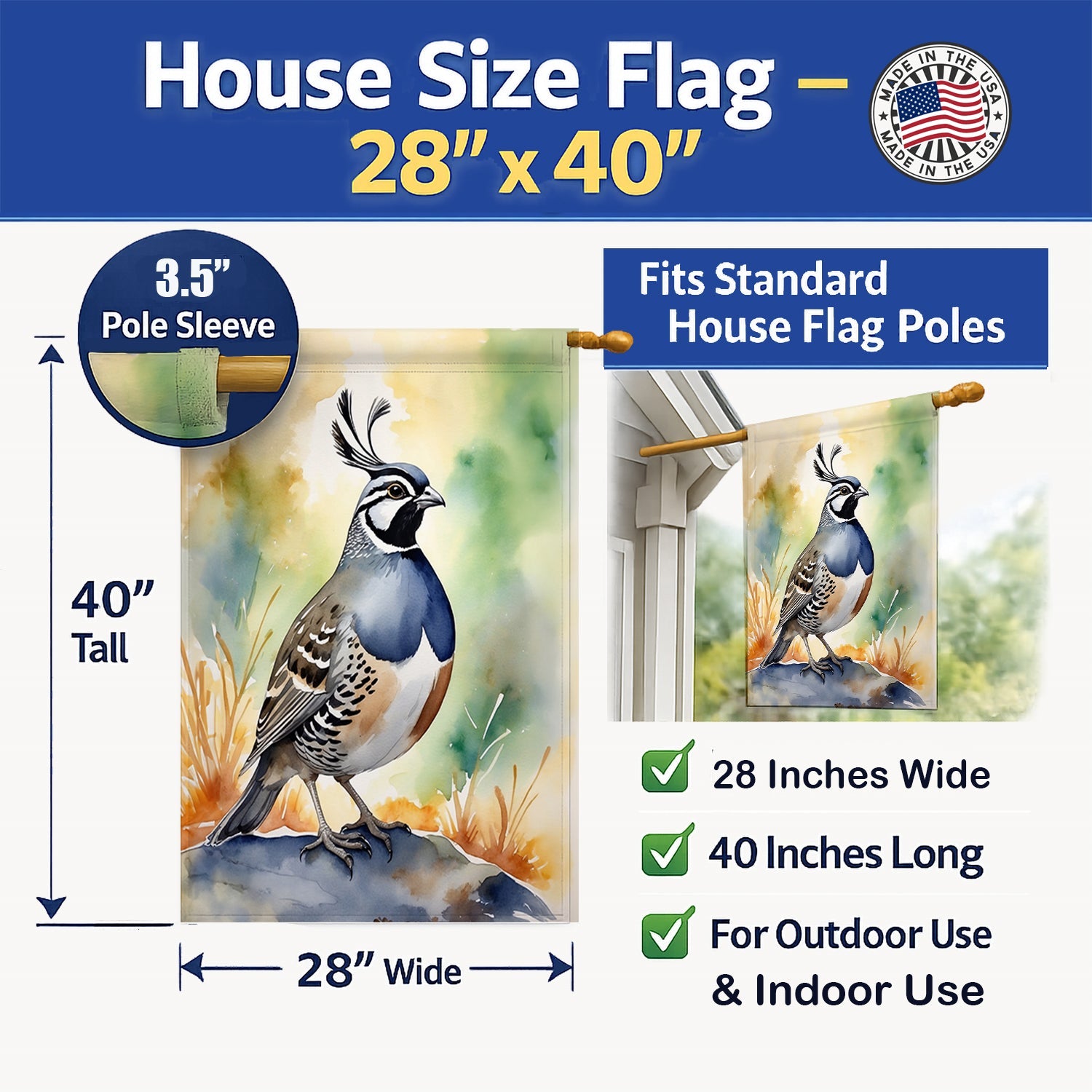 California Quail House Flag 28x40 Porch Sleeve Pole Decorative Outside Yard Banner Artwork Wall Hanging, Polyester
