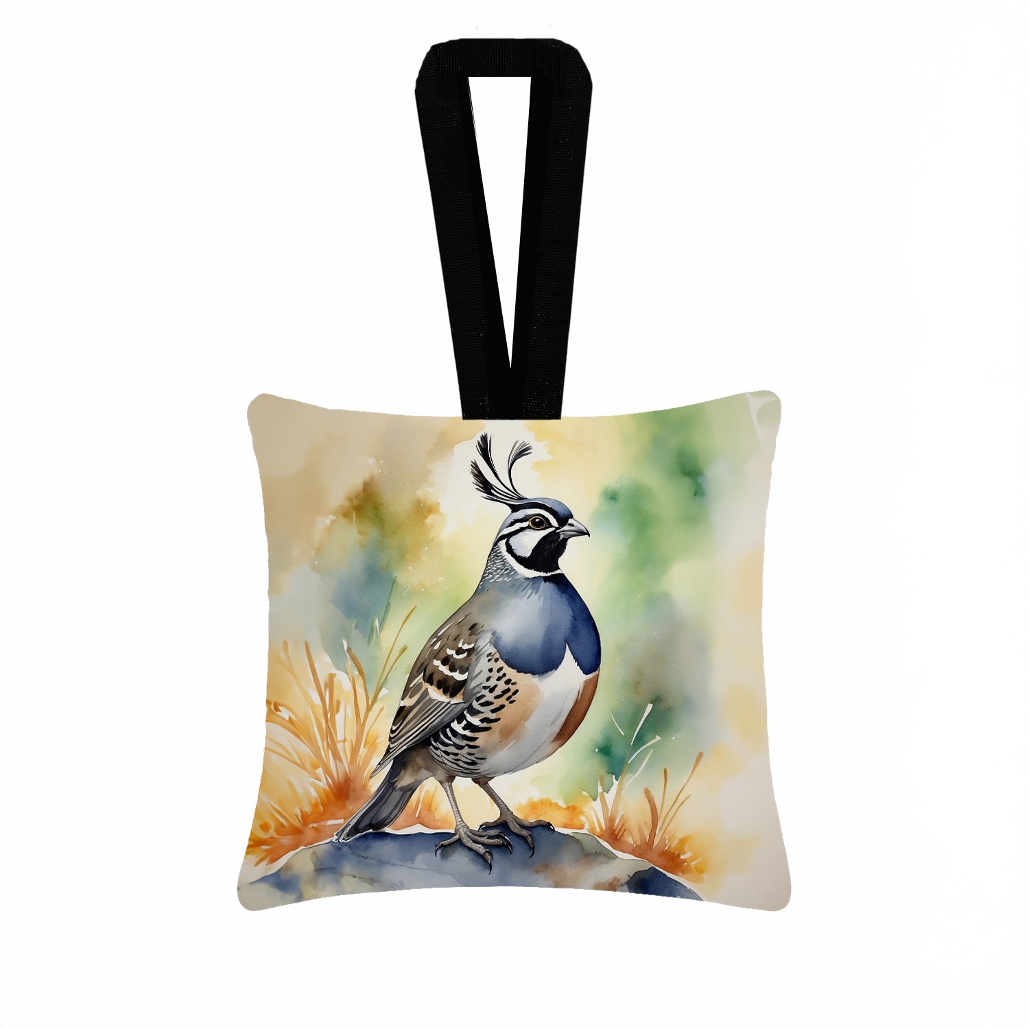 California Quail Hanging Square Fabric Ornament 3.5 × 3.5 Decorative Door-Knob & Tree Hanger, Soft Fabric