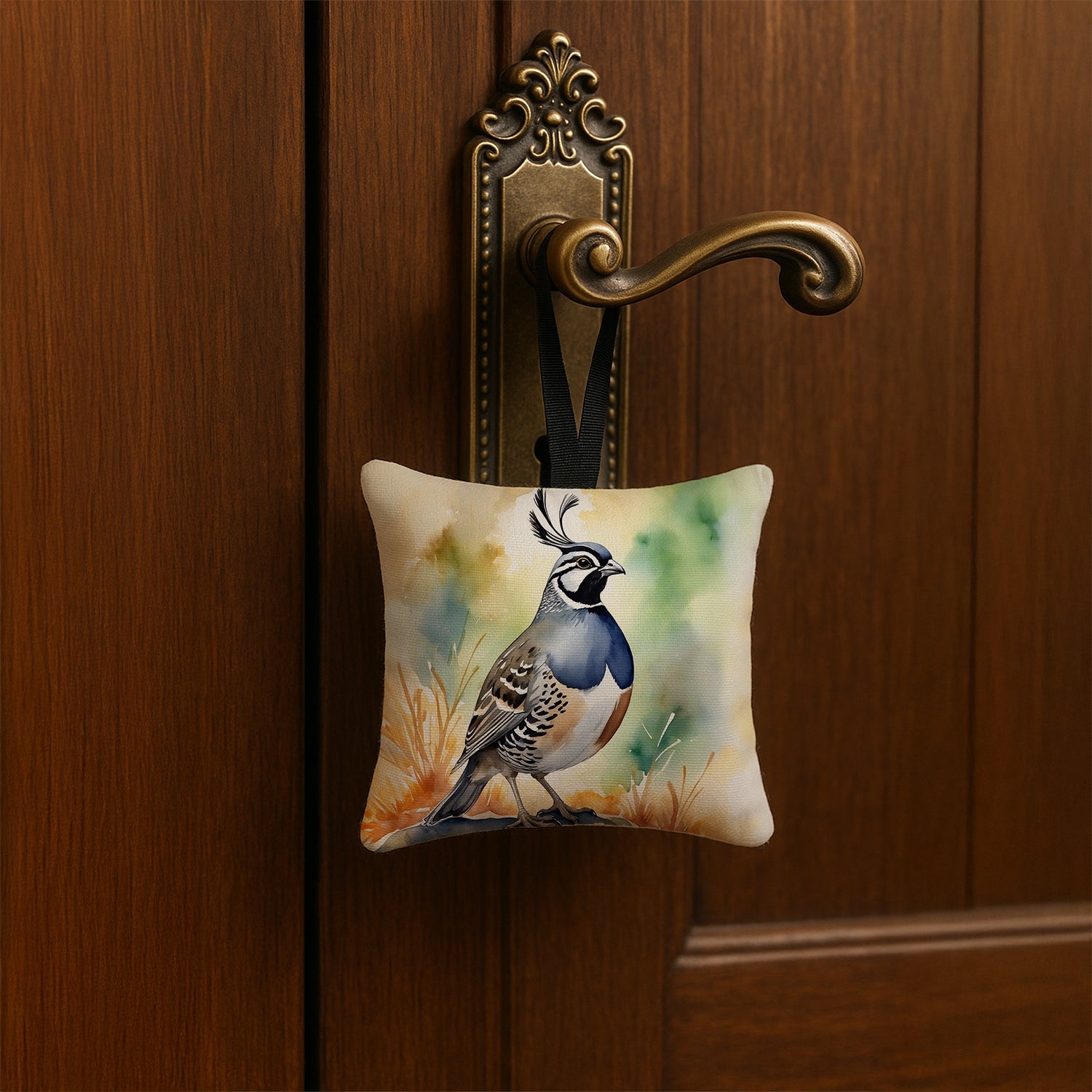 California Quail Hanging Square Fabric Ornament 3.5 × 3.5 Decorative Door-Knob & Tree Hanger, Soft Fabric