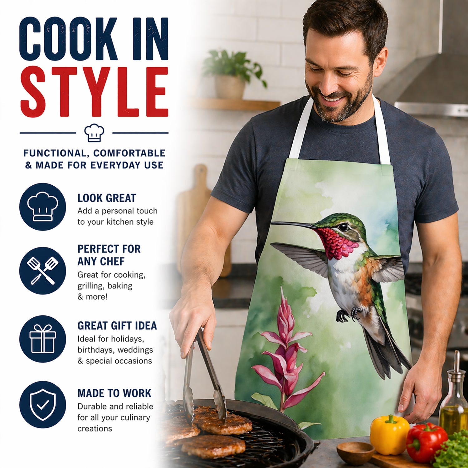 Calliope Hummingbird Apron Cooking Kitchen Server Baking Crafts Gardening for Adult Women Men, Unisex, Large, Multicolor