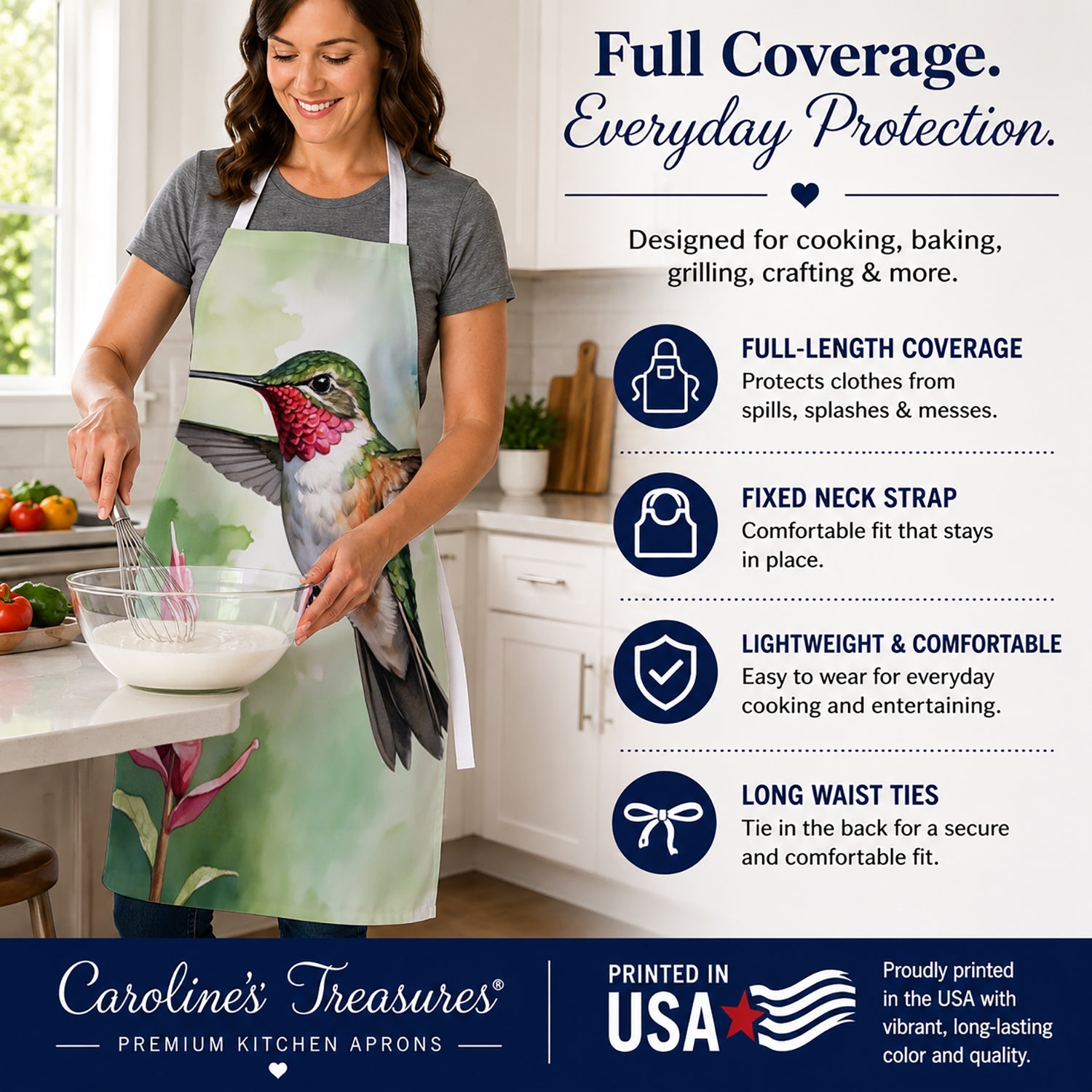 Calliope Hummingbird Apron Cooking Kitchen Server Baking Crafts Gardening for Adult Women Men, Unisex, Large, Multicolor