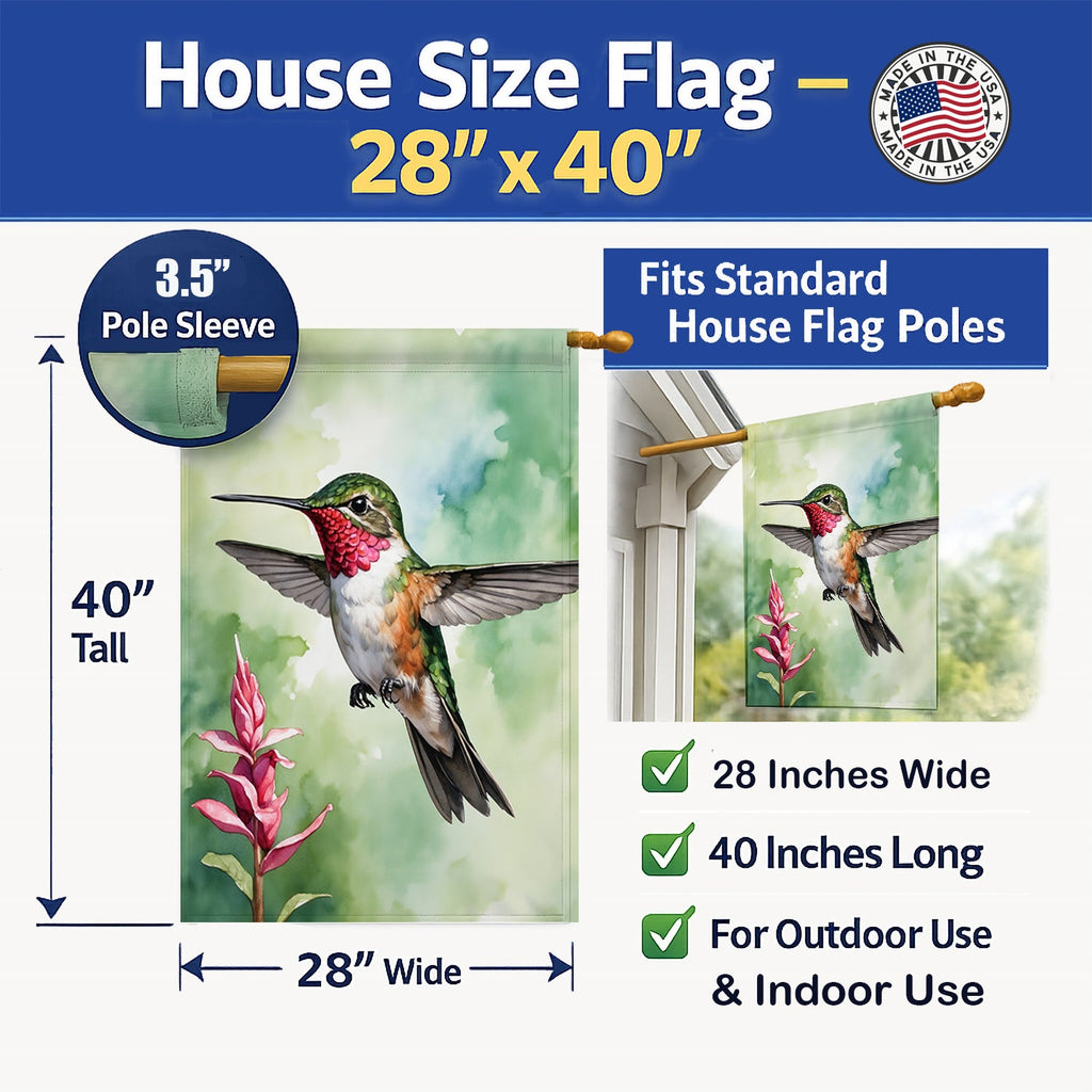 Calliope Hummingbird House Flag 28x40 Porch Sleeve Pole Decorative Outside Yard Banner Artwork Wall Hanging, Polyester