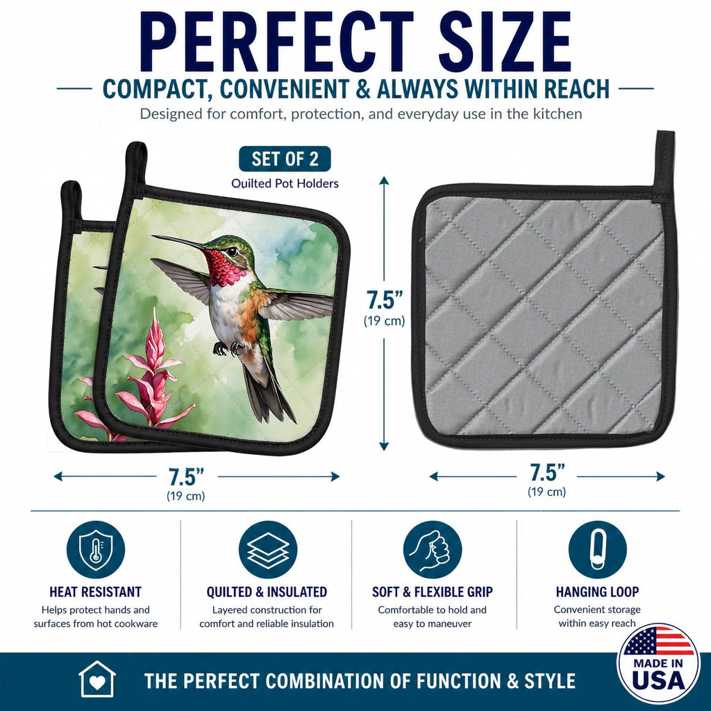 Calliope Hummingbird Pot Holder Set of 2 Heat Resistant Quilted Hot Pads 7.5 x 7.5 Inch, Insulated Kitchen Trivets for Cooking & Baking