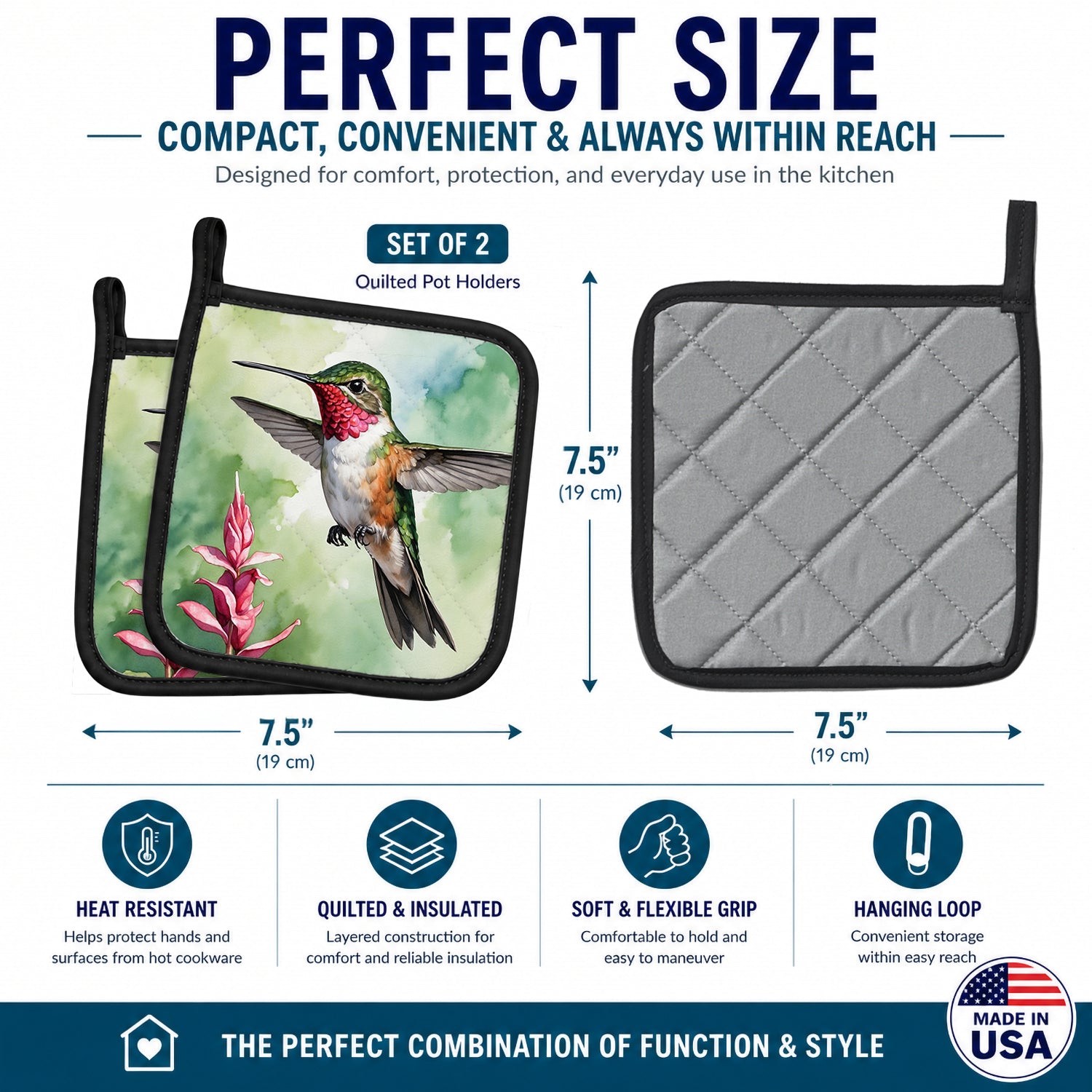 Calliope Hummingbird Pot Holder Set of 2 Heat Resistant Quilted Hot Pads 7.5 x 7.5 Inch, Insulated Kitchen Trivets for Cooking & Baking