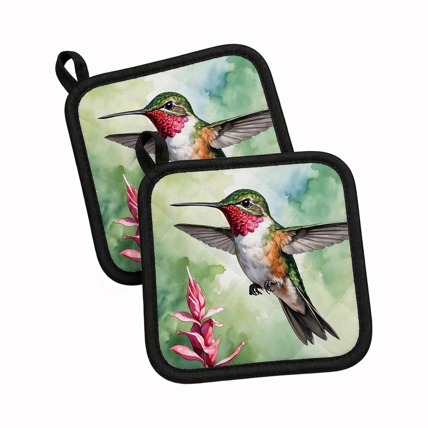 Calliope Hummingbird Pot Holder Set of 2 Heat Resistant Quilted Hot Pads 7.5 x 7.5 Inch, Insulated Kitchen Trivets for Cooking & Baking