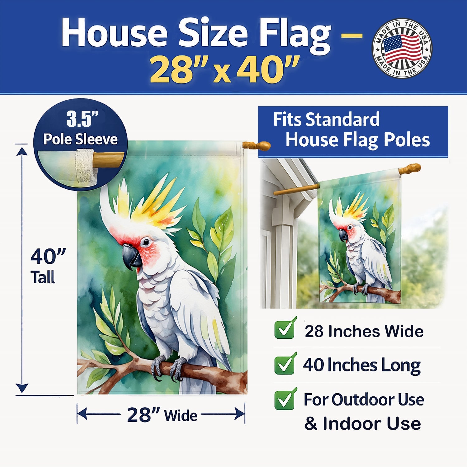 Cockatoo House Flag 28x40 Porch Sleeve Pole Decorative Outside Yard Banner Artwork Wall Hanging, Polyester