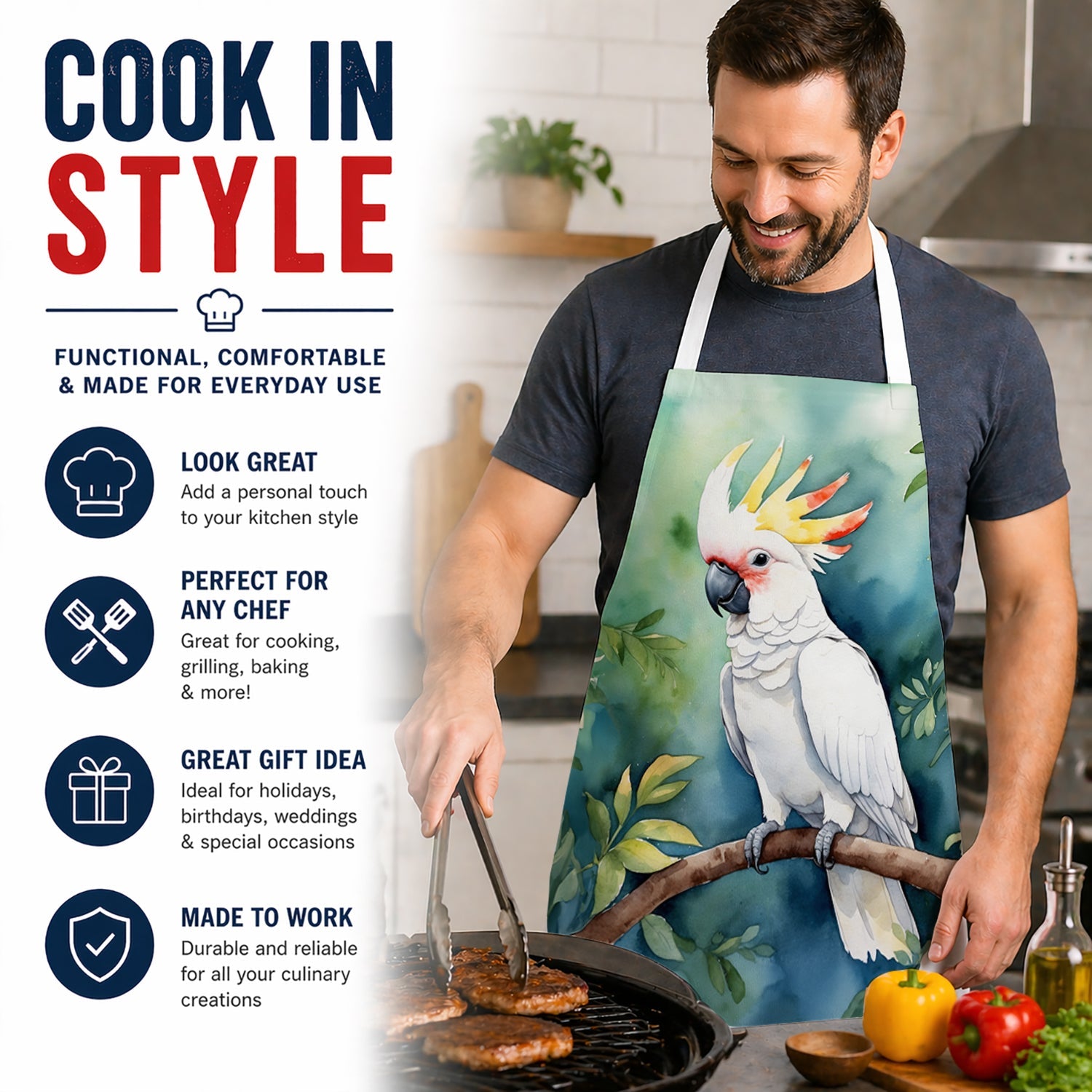 Cockatoo Apron Cooking Kitchen Server Baking Crafts Gardening for Adult Women Men, Unisex, Large, Multicolor