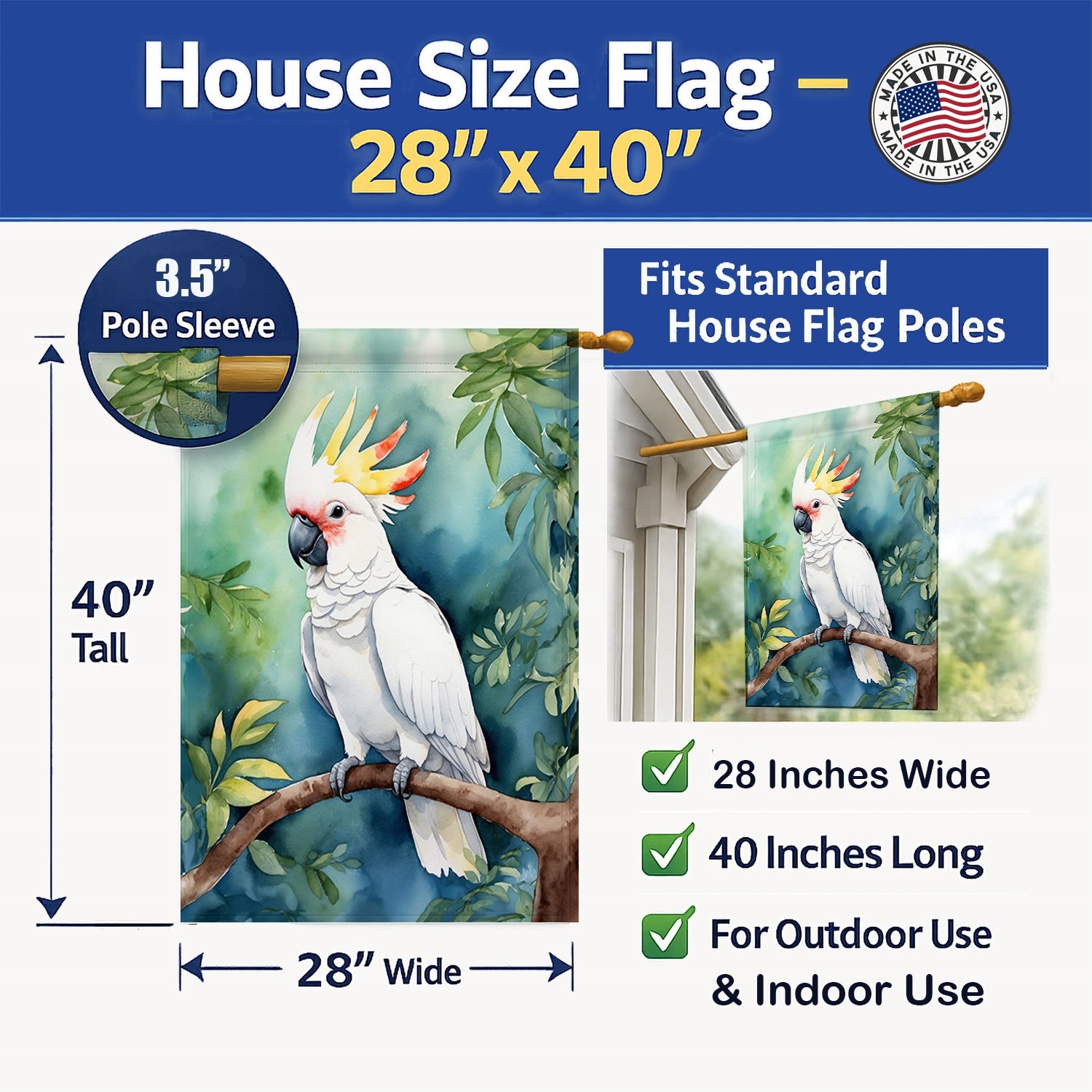 Cockatoo House Flag 28x40 Porch Sleeve Pole Decorative Outside Yard Banner Artwork Wall Hanging, Polyester