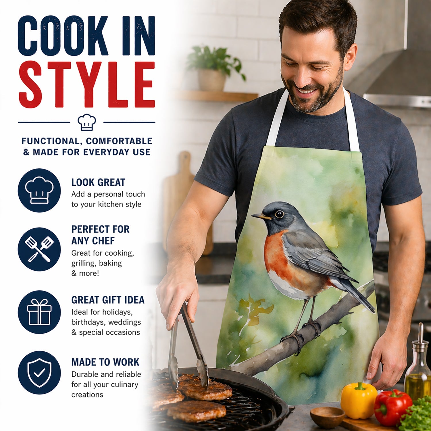 Connecticut American Robin Apron Cooking Kitchen Server Baking Crafts Gardening for Adult Women Men, Unisex, Large, Multicolor